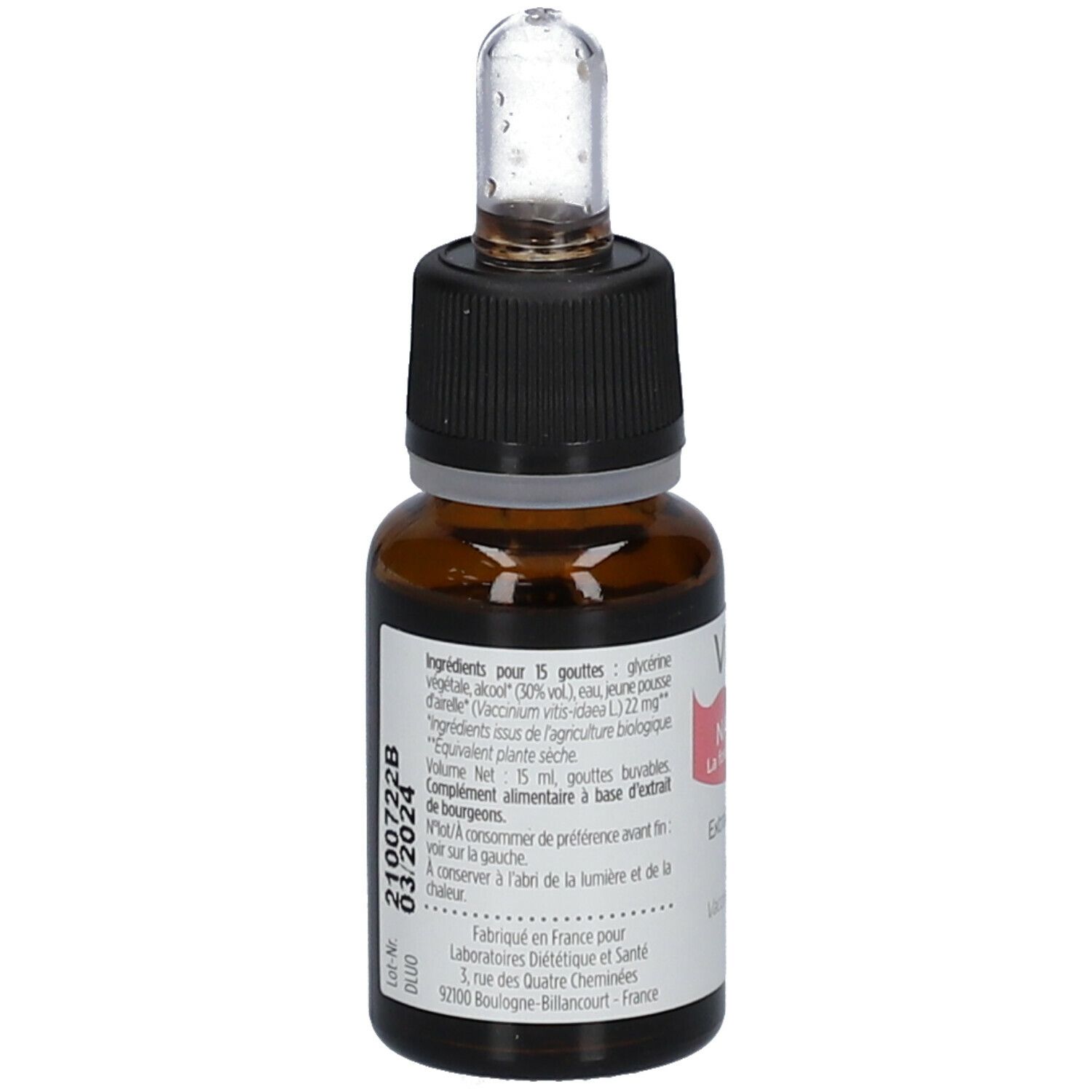 Flacon en verre brun avec bouchon noir et pipette. Étiquette avec ingrédients et informations fabricant.