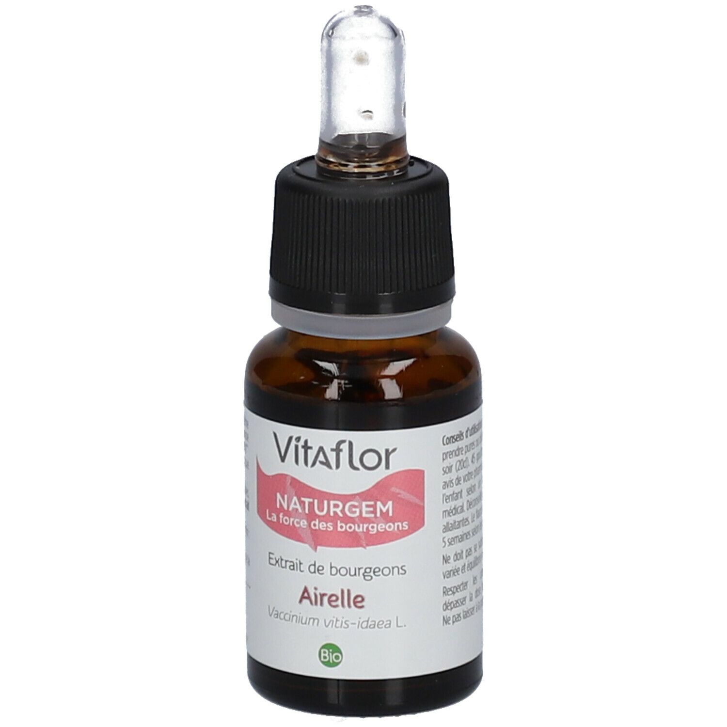 Flacon en verre brun avec bouchon noir et pipette. Étiquette avec nom du produit et ingrédients. Label Bio.