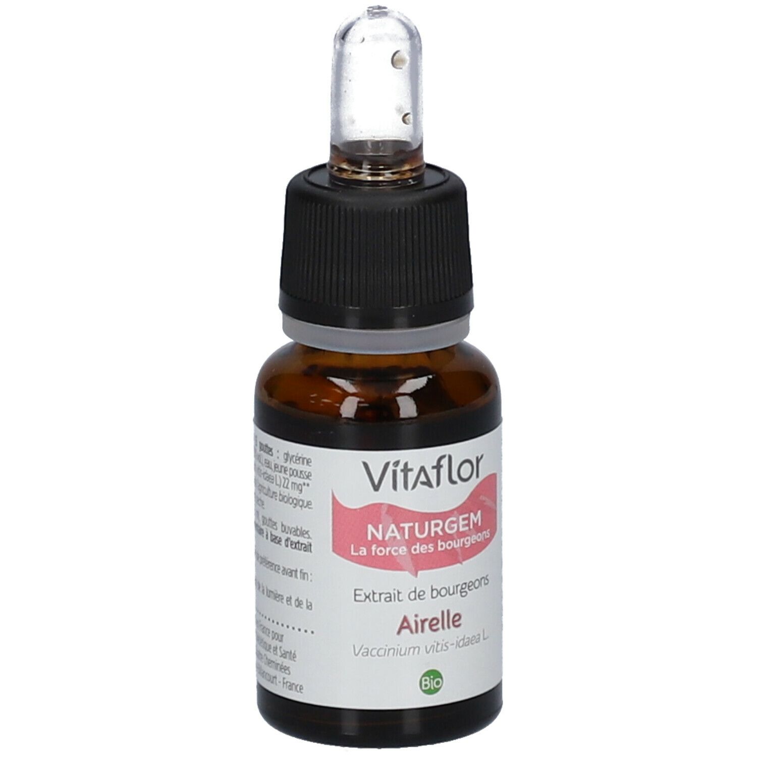Flacon en verre brun avec bouchon noir et pipette. Étiquette avec nom du produit et ingrédients. Label Bio.
