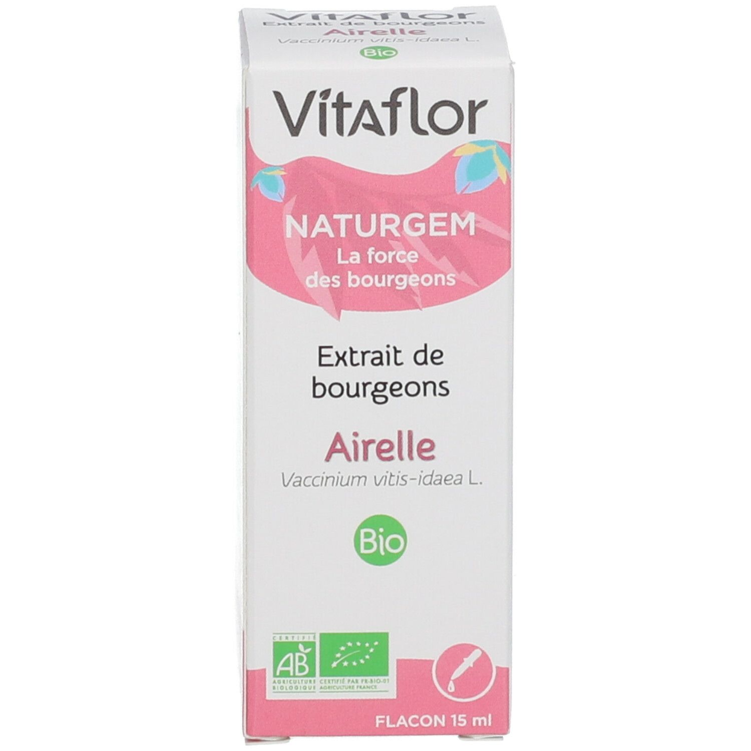Boîte blanche avec nom du produit, ingrédients et label Bio. Flacon 15 ml.