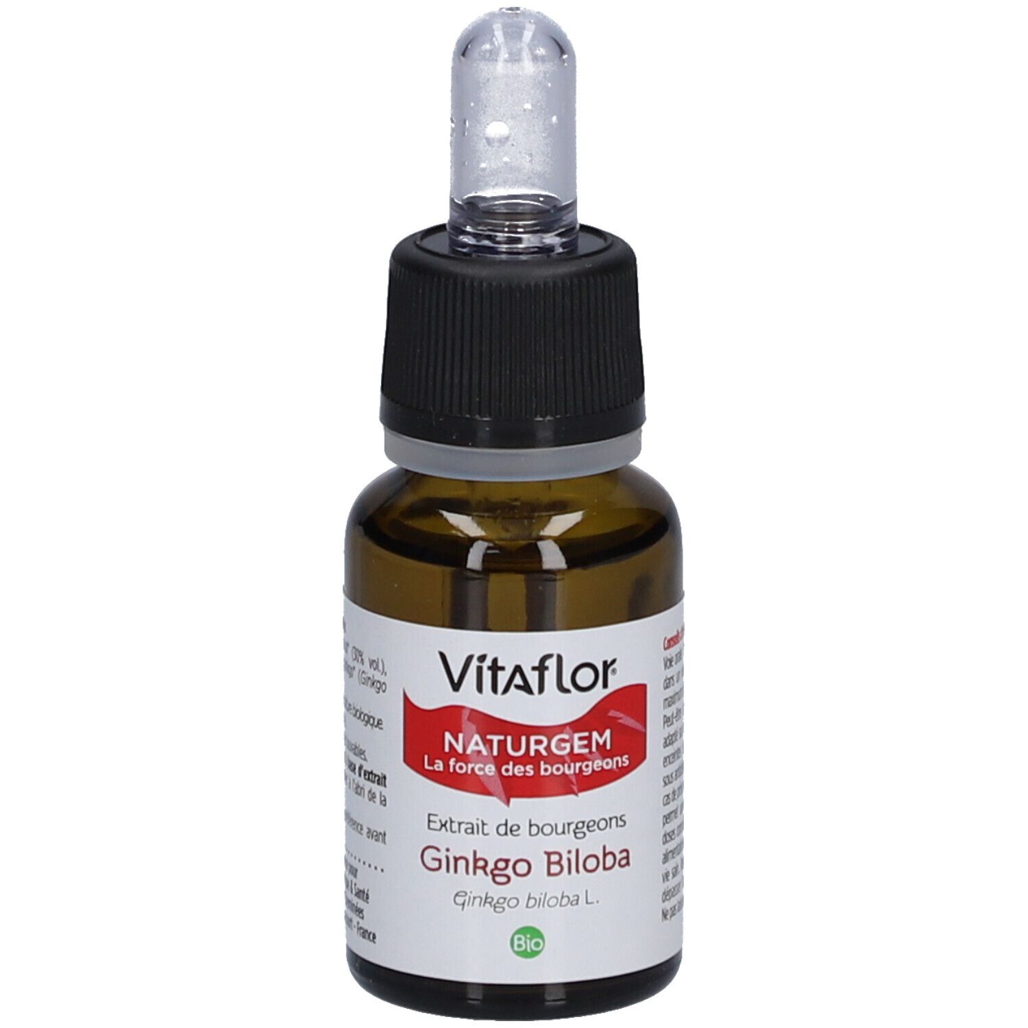 Braune Glasflasche mit schwarzem Verschluss und Pipette. Etikett mit Vitaflor, NATURGEM, Gingko Biloba und Bio-Siegel.