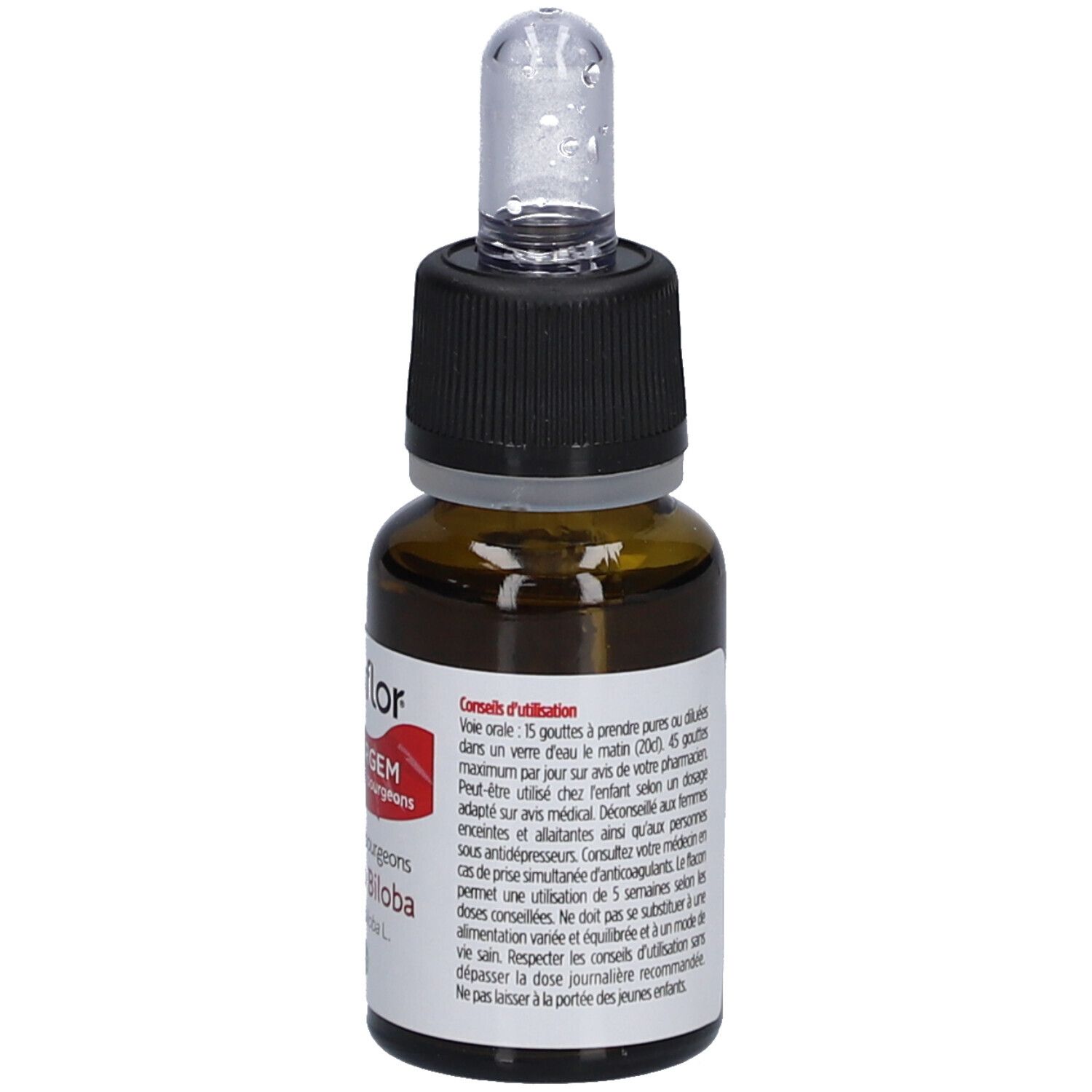 Braune Glasflasche mit Etikett. Text mit Anwendungshinweisen und Dosierungsempfehlungen.
