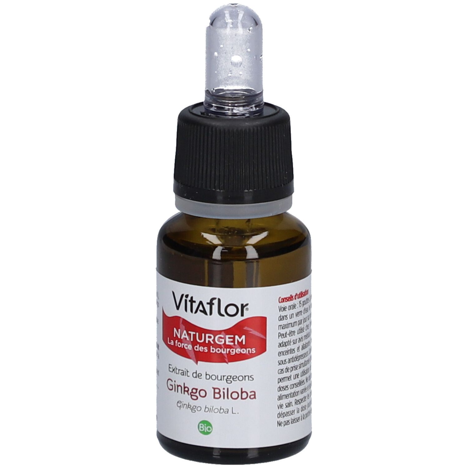 Braune Glasflasche mit schwarzem Verschluss und Pipette. Etikett mit Vitaflor, NATURGEM, Gingko Biloba und Bio-Siegel.