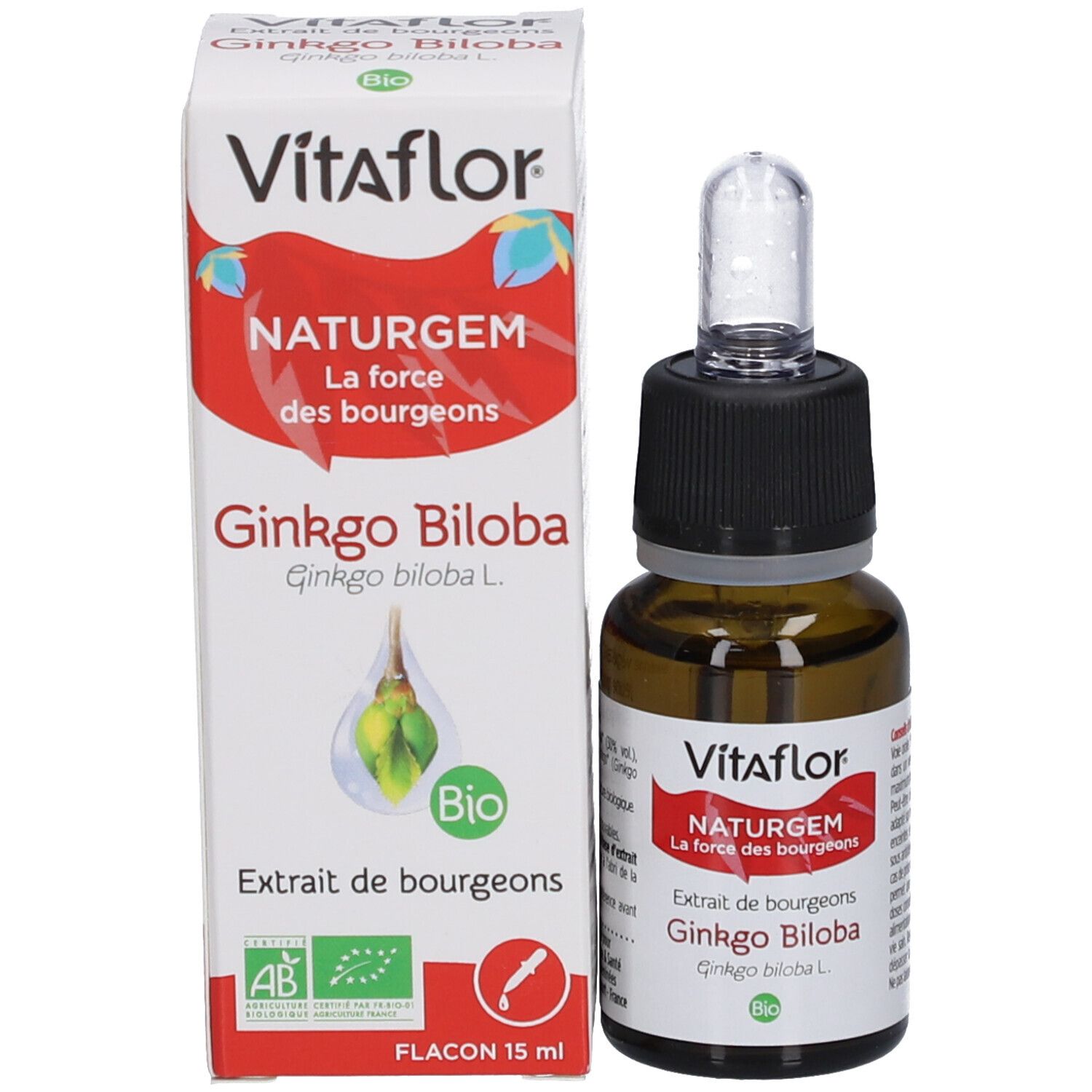 Produktverpackung und Flasche. Karton mit Vitaflor, NATURGEM, Gingko Biloba und Bio-Siegel. Flasche daneben.