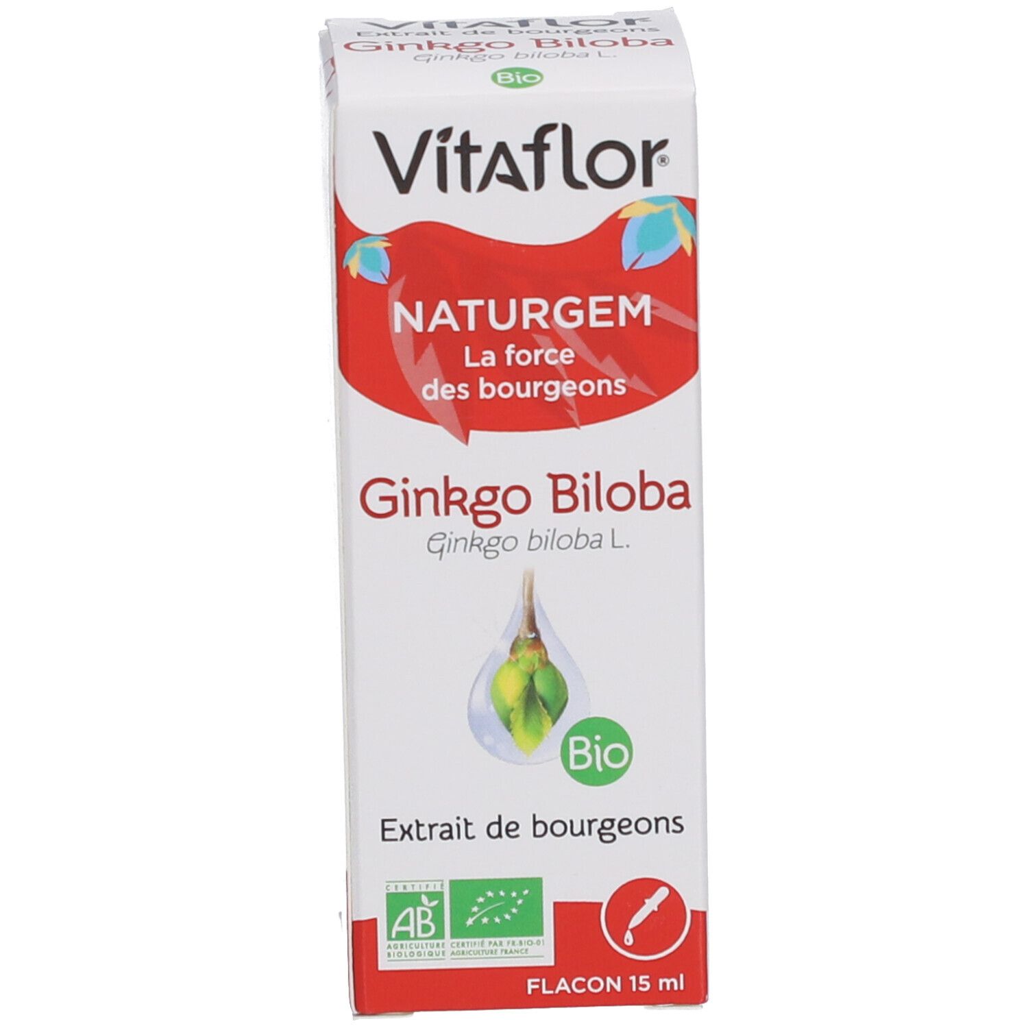 Produktverpackung. Karton mit Vitaflor, NATURGEM, Gingko Biloba und Bio-Siegel. Flacon 15 ml.