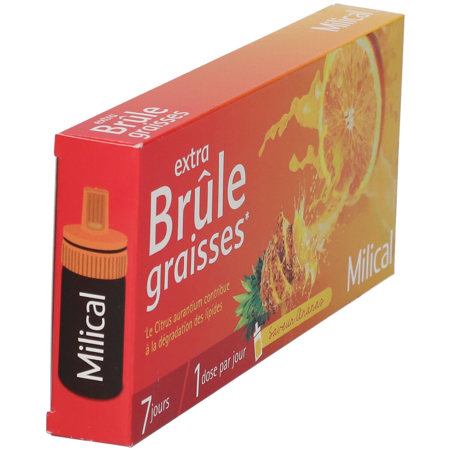 Boîte rouge "extra Brûle graisses" avec illustration d'ananas. Contient une fiole du produit.