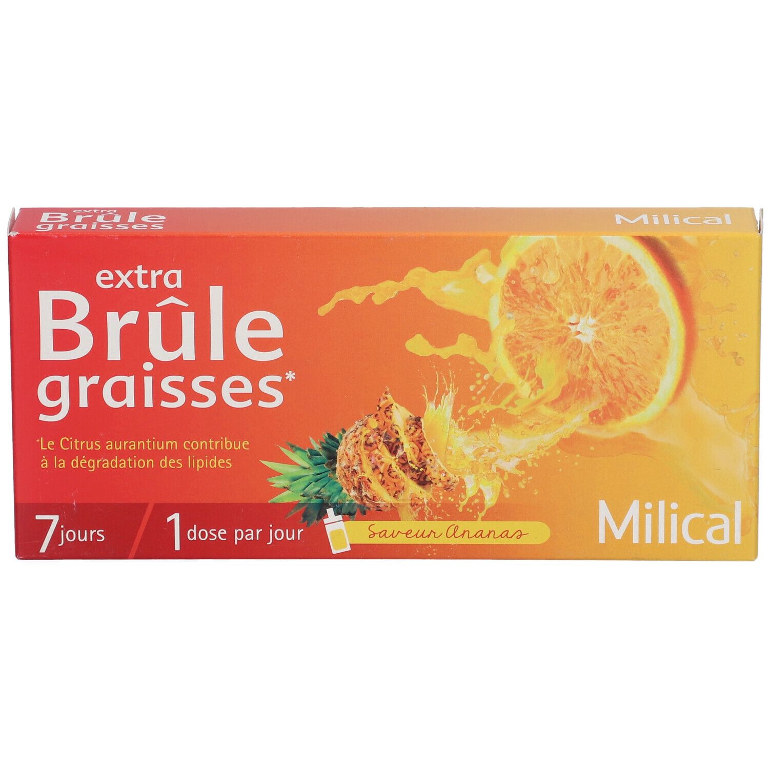 Boîte rouge "extra Brûle graisses" avec ananas. Logo "Milical". 7 jours, 1 dose par jour.