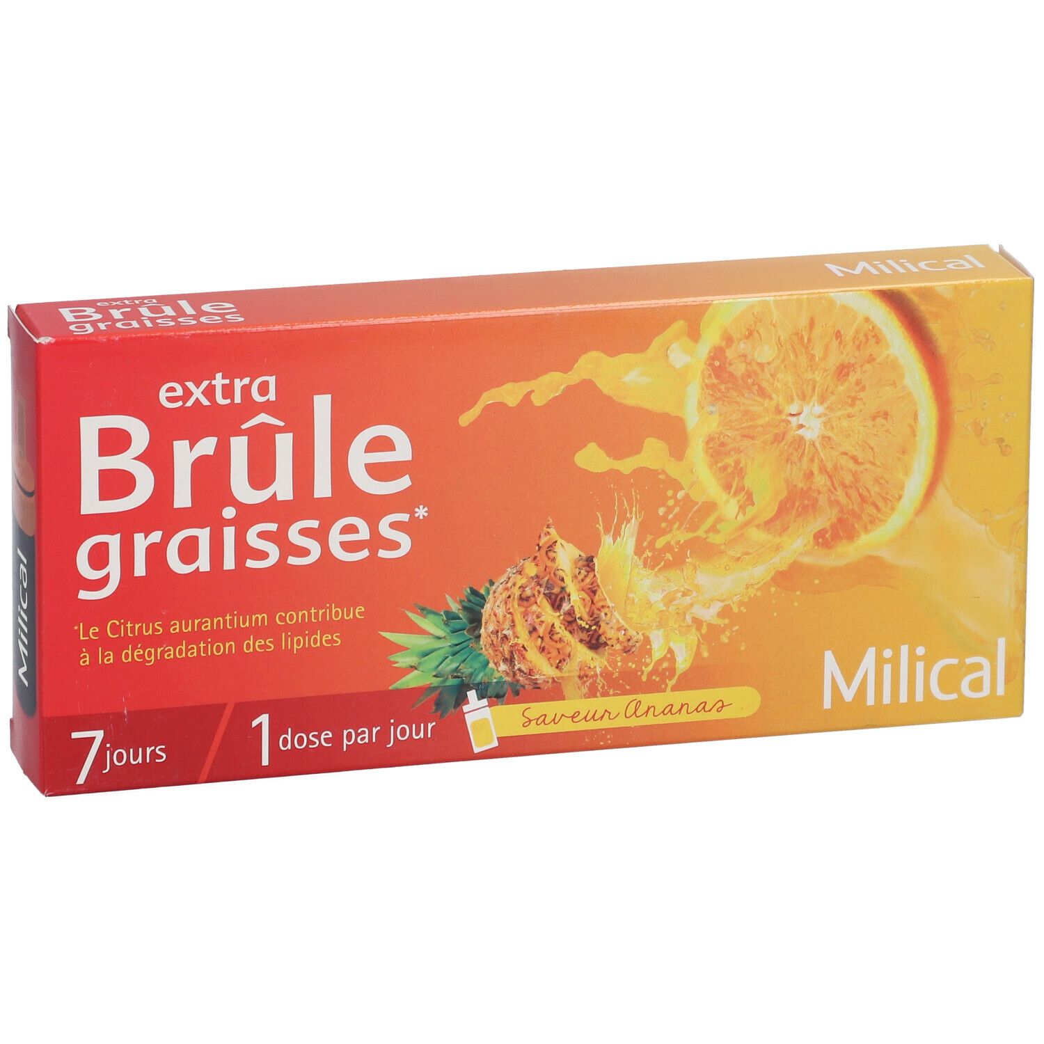 Boîte rouge "extra Brûle graisses" avec ananas. Logo "Milical". 7 jours, 1 dose par jour.
