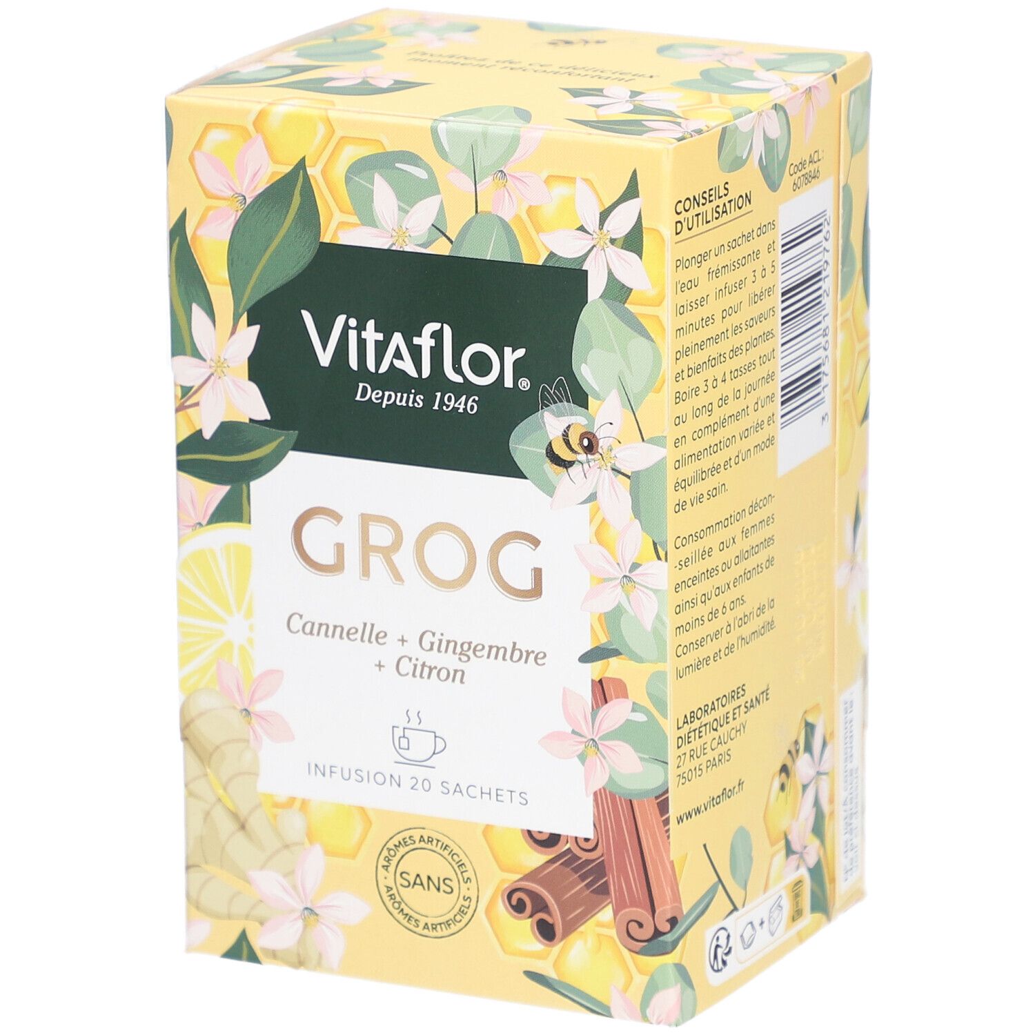 Gele doos Vitaflor Grog. Opschrift: Kaneel, Gember, Citroen. 20 zakjes. Zonder kunstmatige aroma's.