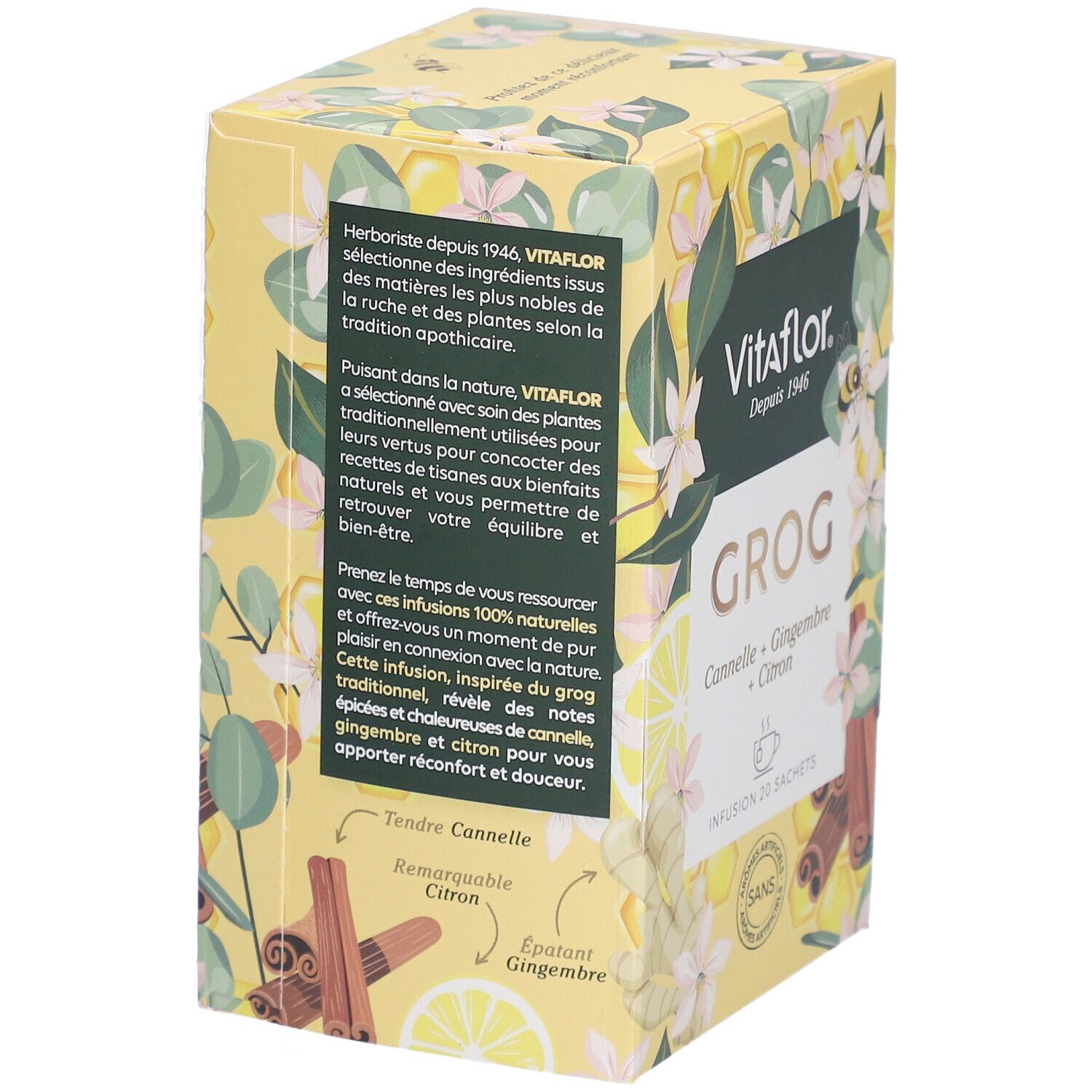 Gele doos Vitaflor Grog. Achterkant met tekst. Kaneel, Gember, Citroen. 20 zakjes. Zonder kunstmatige aroma's.