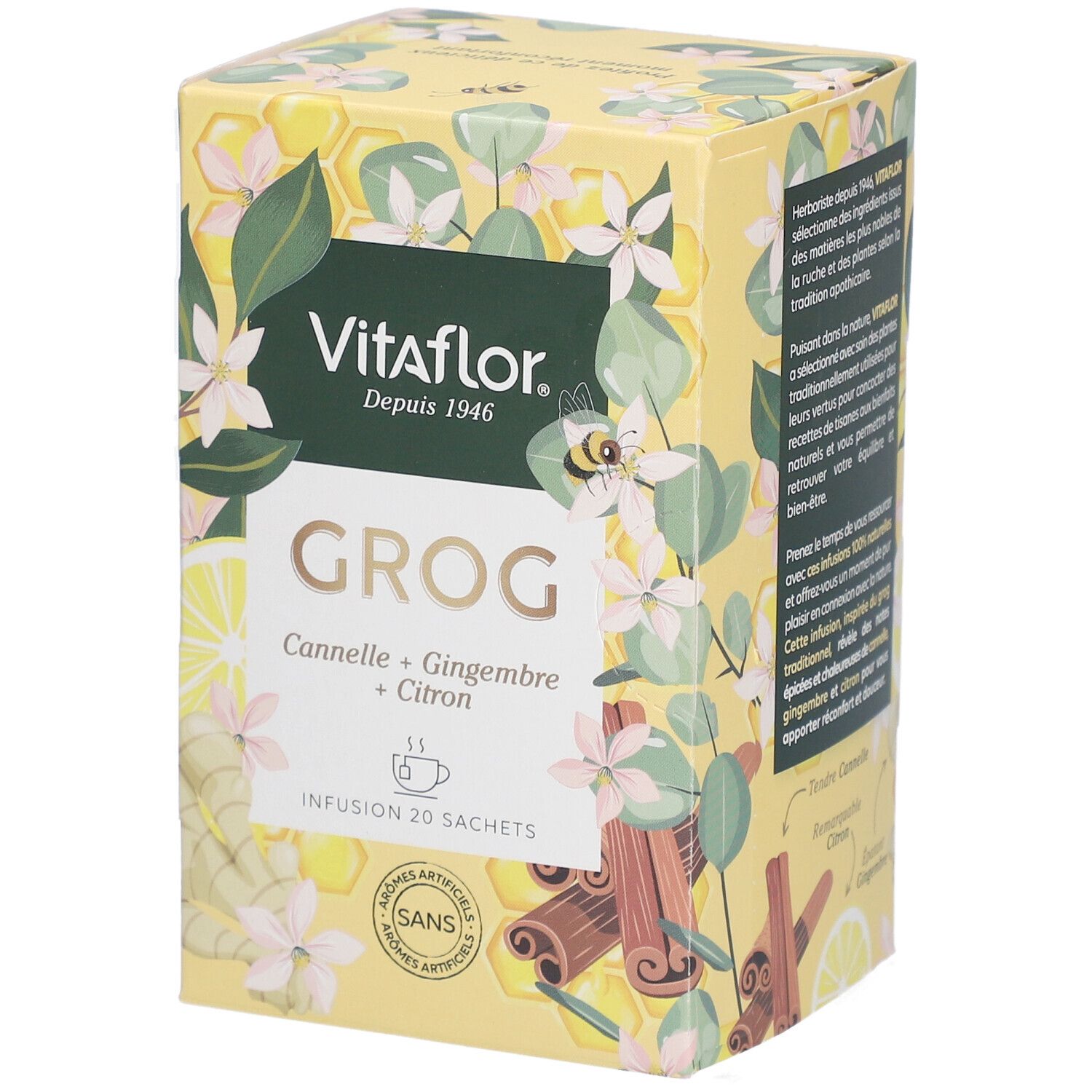 Gele doos Vitaflor Grog. Opschrift: Kaneel, Gember, Citroen. 20 zakjes. Zonder kunstmatige aroma's. Achterkant met tekst.