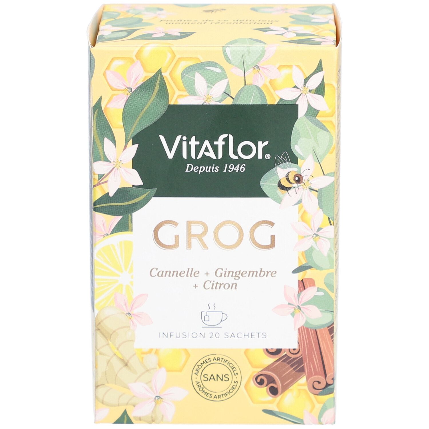 Gele doos Vitaflor Grog. Opschrift: Kaneel, Gember, Citroen. 20 zakjes. Zonder kunstmatige aroma's.