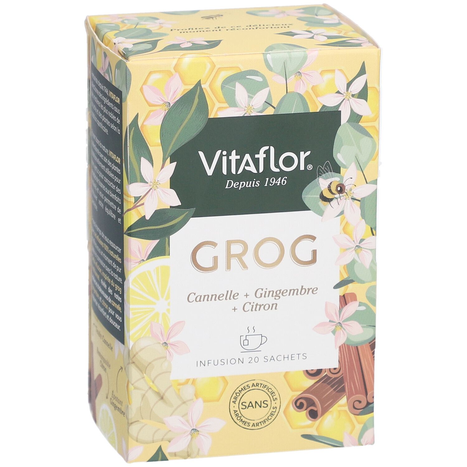 Gele doos Vitaflor Grog. Opschrift: Kaneel, Gember, Citroen. 20 zakjes. Zonder kunstmatige aroma's.