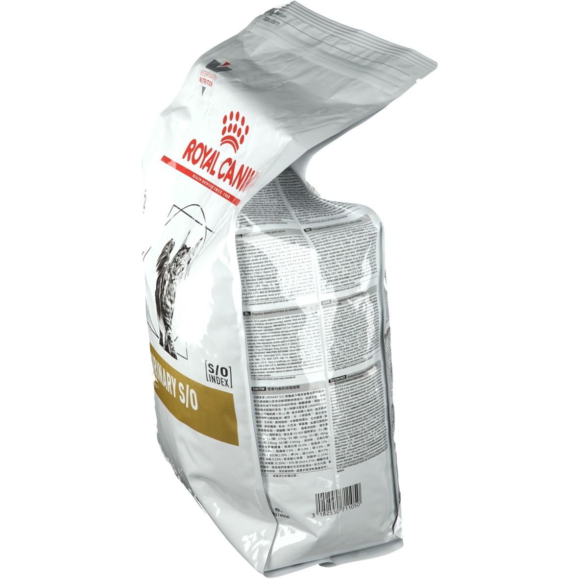 Emballage ouvert ROYAL CANIN® Urinary S/O Katze. Sac blanc et doré avec texte et logo.