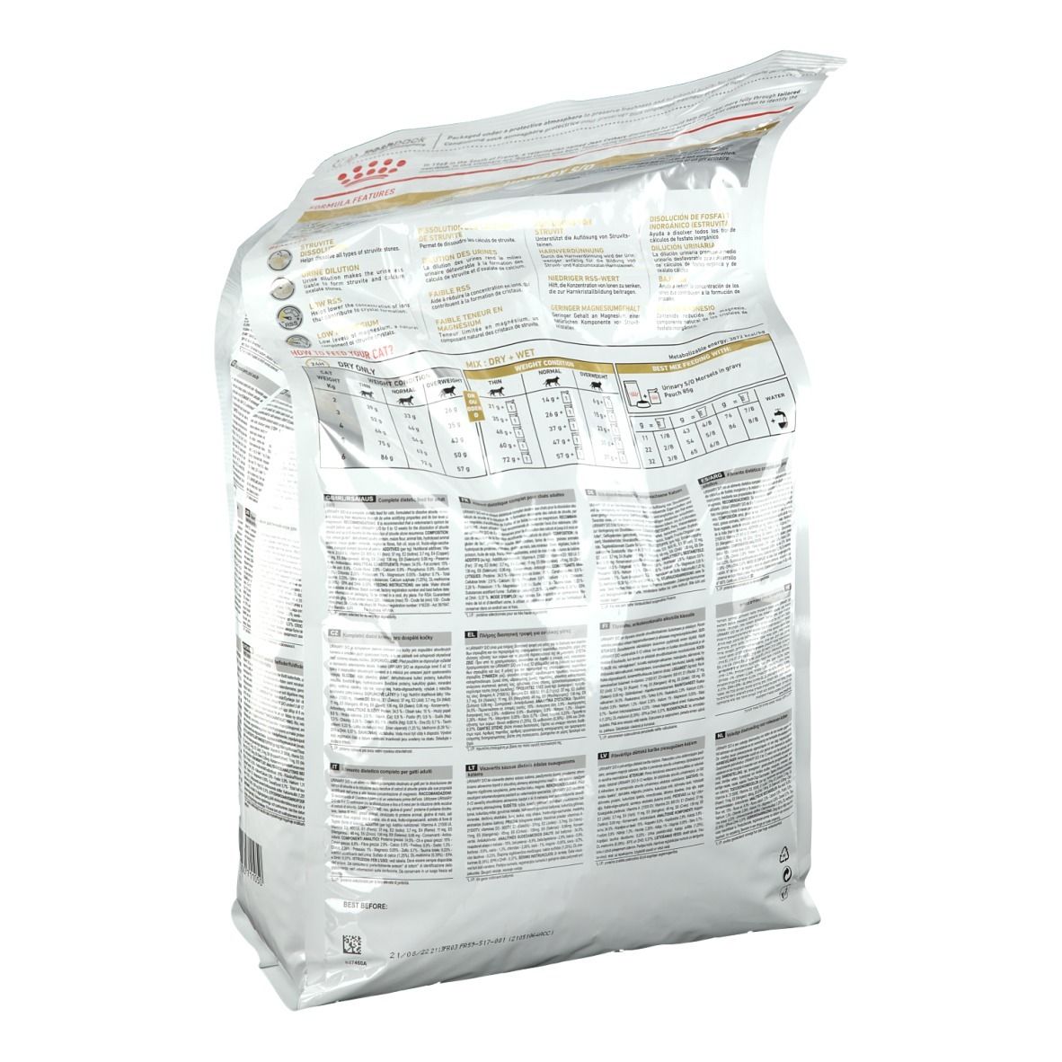 Dos de l'emballage ROYAL CANIN® Urinary S/O Katze. Texte et tableaux sur fond blanc.