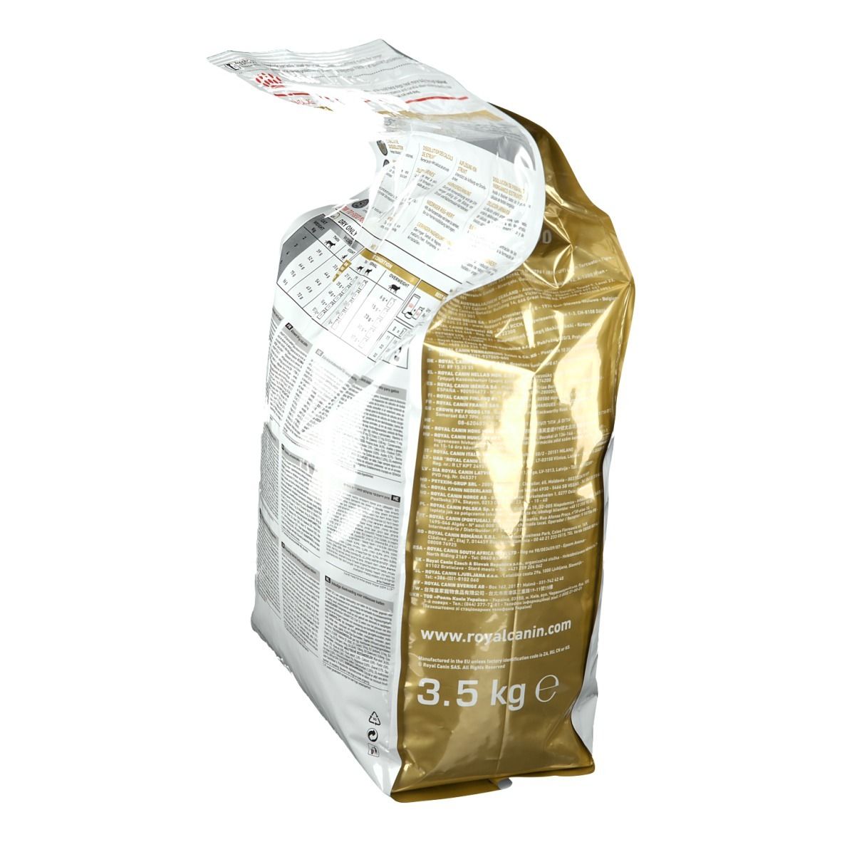 Emballage ouvert ROYAL CANIN® Urinary S/O Katze. Sac blanc et doré avec texte et logo, 3,5 kg.