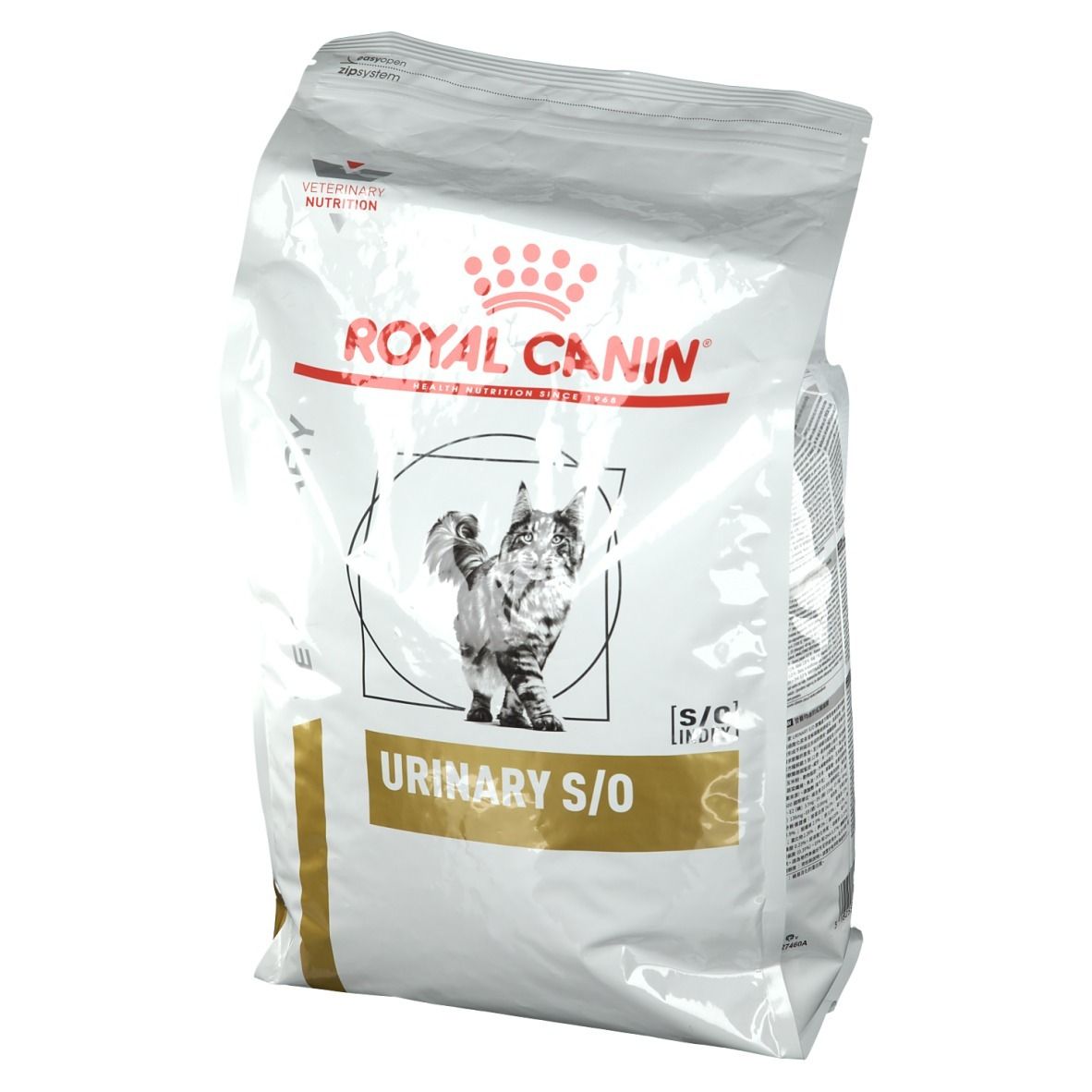 Emballage ROYAL CANIN® Urinary S/O Katze. Sac blanc et doré avec logo, chat et nom du produit.
