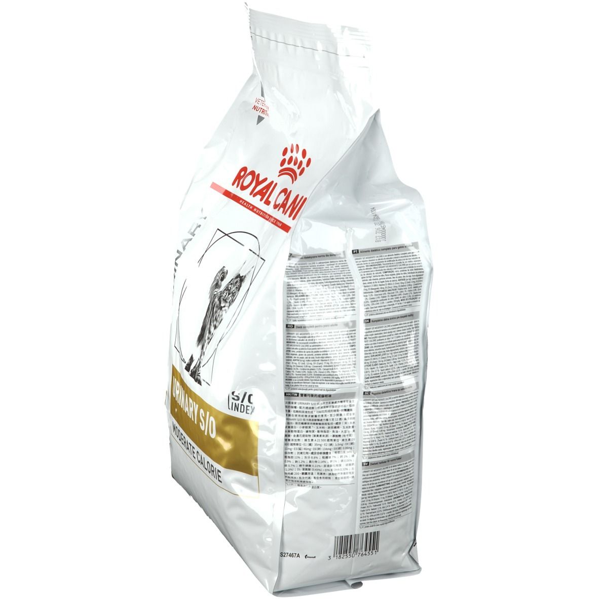 Beutel ROYAL CANIN Urinary S/O Moderate Calorie Katze. Rückseite mit Text. Weiß, Gold und Schwarz. Logo ROYAL CANIN.