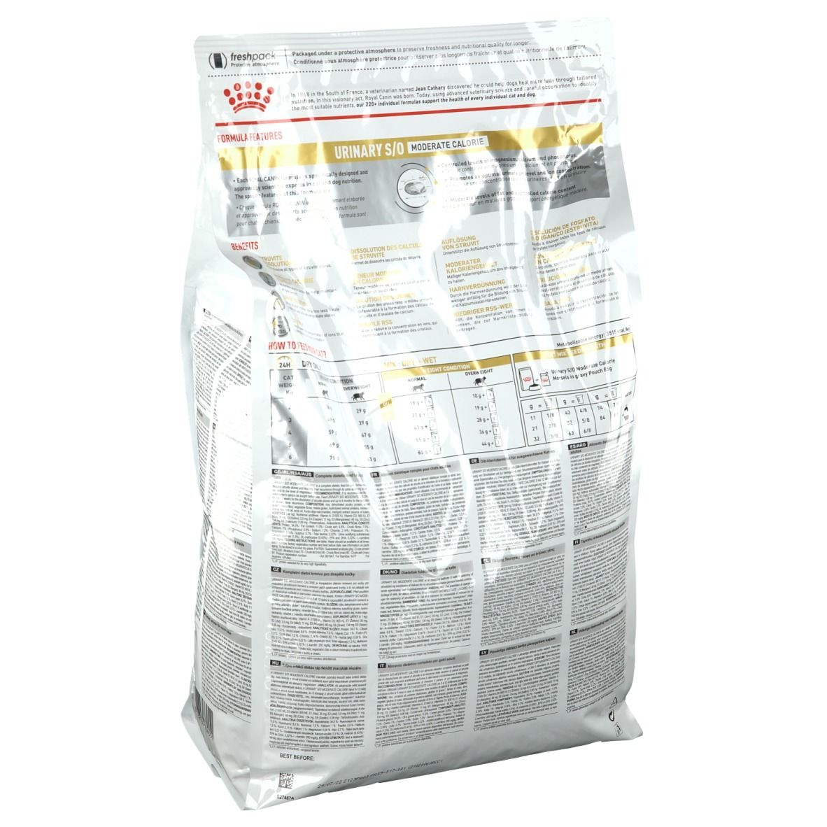 Beutel ROYAL CANIN Urinary S/O Moderate Calorie Katze. Rückseite mit Text. Weiß, Gold und Schwarz. Logo ROYAL CANIN.
