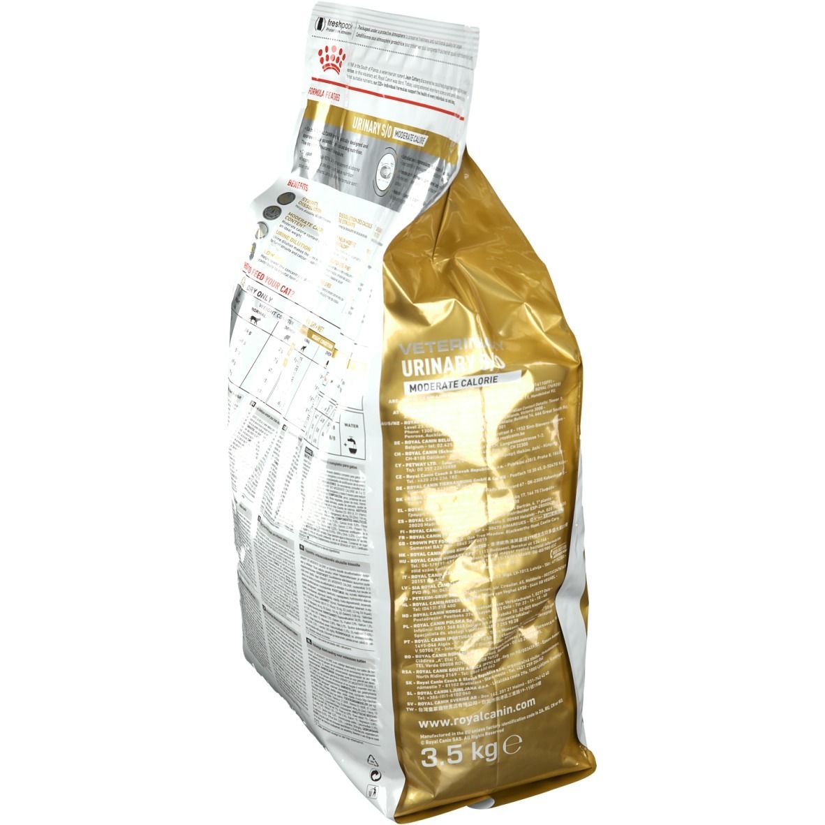 Beutel ROYAL CANIN Urinary S/O Moderate Calorie Katze. Goldene Seite mit Text. Weiß, Gold und Schwarz. 3,5 kg.