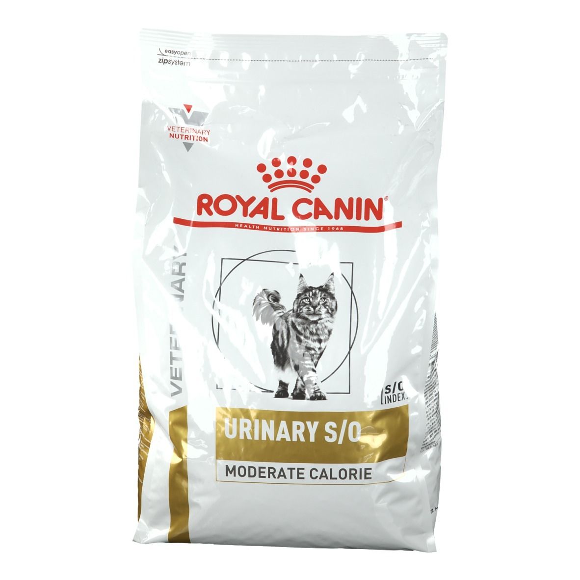 Beutel ROYAL CANIN Urinary S/O Moderate Calorie Katze. Weiß, Gold und Schwarz. Logo und Katze abgebildet. Text: Veterinary Nutrition.