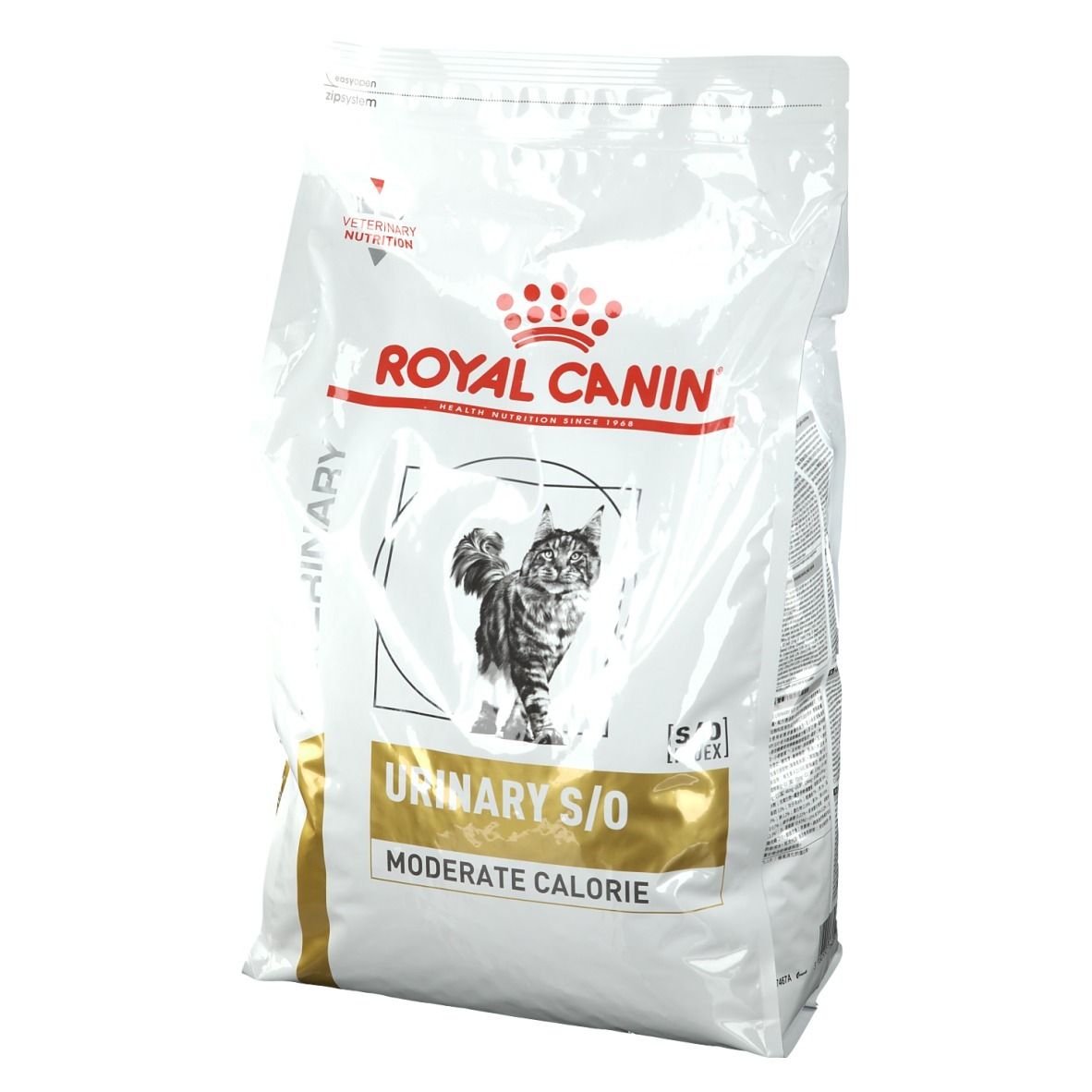Beutel ROYAL CANIN Urinary S/O Moderate Calorie Katze. Weiß, Gold und Schwarz. Logo und Katze abgebildet. Text: Veterinary Nutrition.