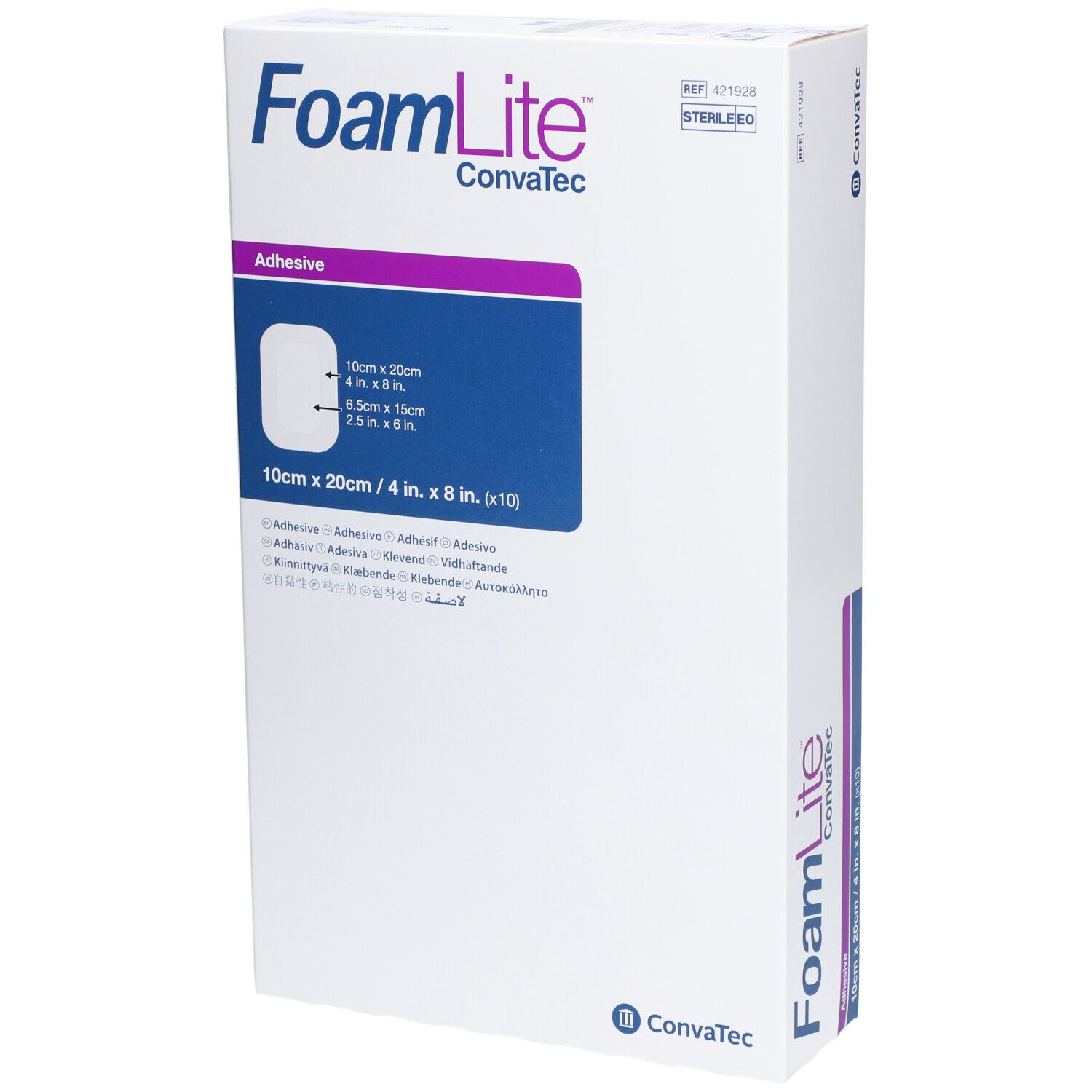 Boîte de FoamLite, ConvaTec. Pansement hydrocellulaire, 10x20cm. Inscription : stérile, adhésif. Blanc, bleu, violet.
