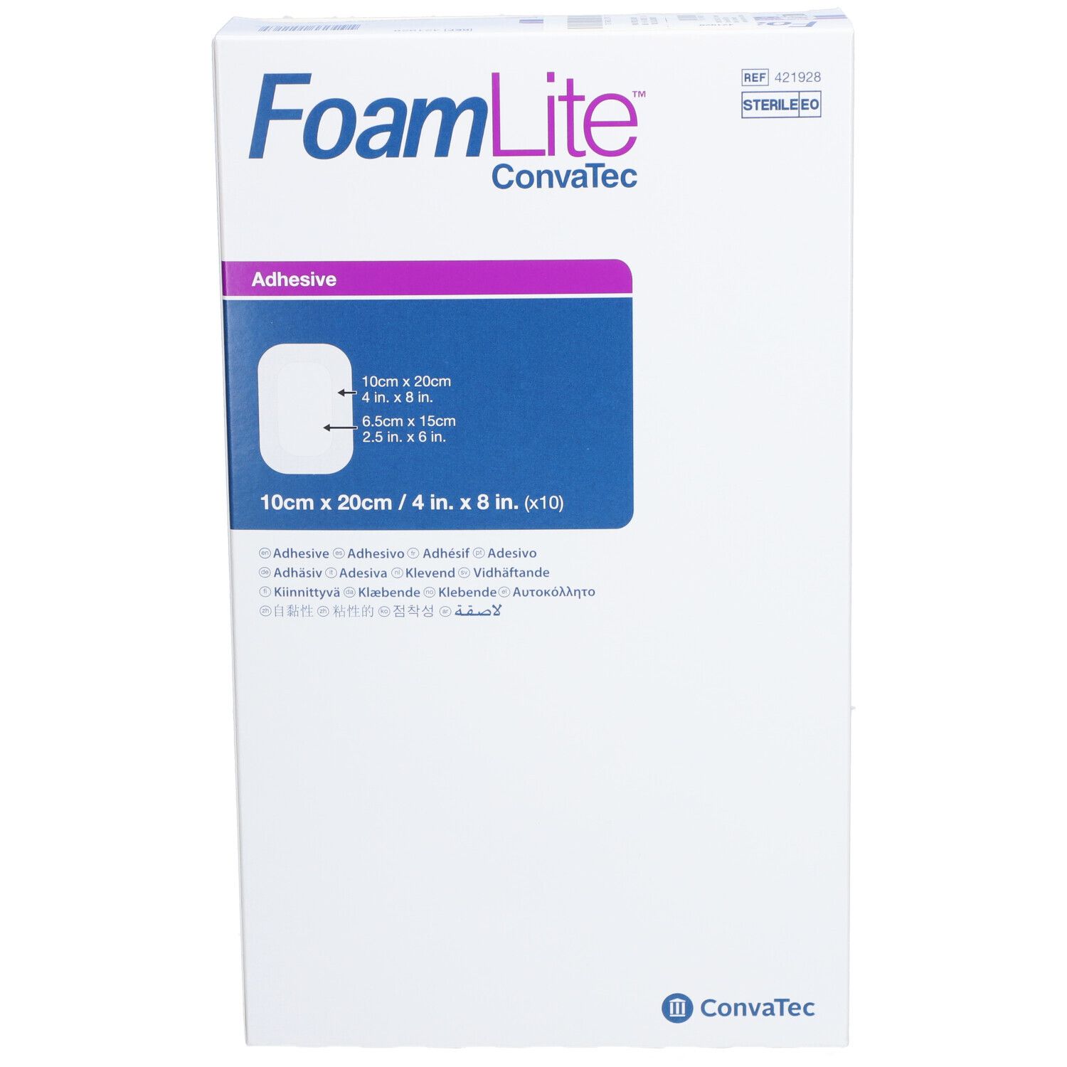 Boîte de FoamLite, ConvaTec. Pansement hydrocellulaire, 10x20cm. Inscription : stérile, adhésif. Blanc, bleu, violet.