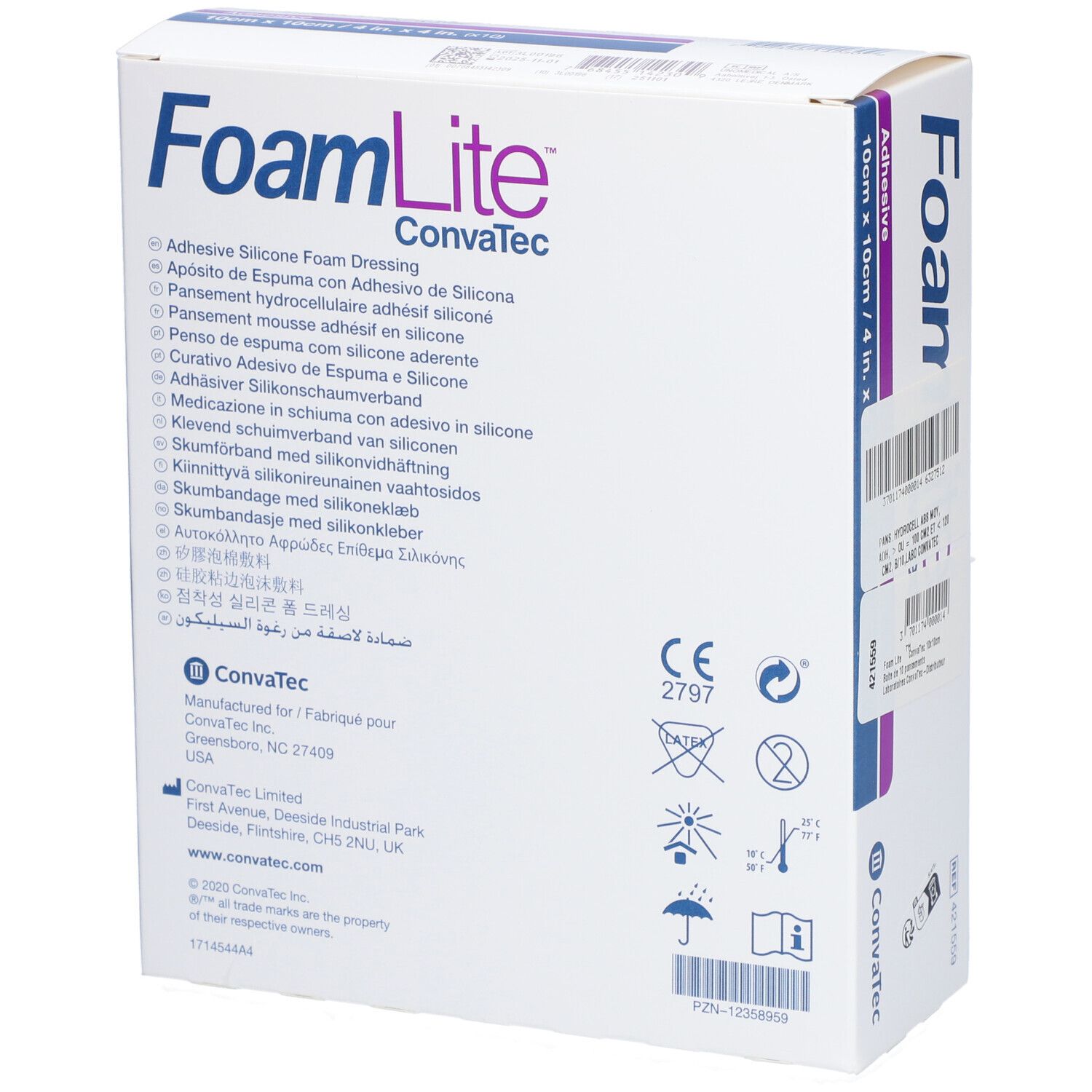 Dos de la boîte FoamLite, ConvaTec. Informations sur les ingrédients et certifications. Boîte blanche avec accents bleus et violets.