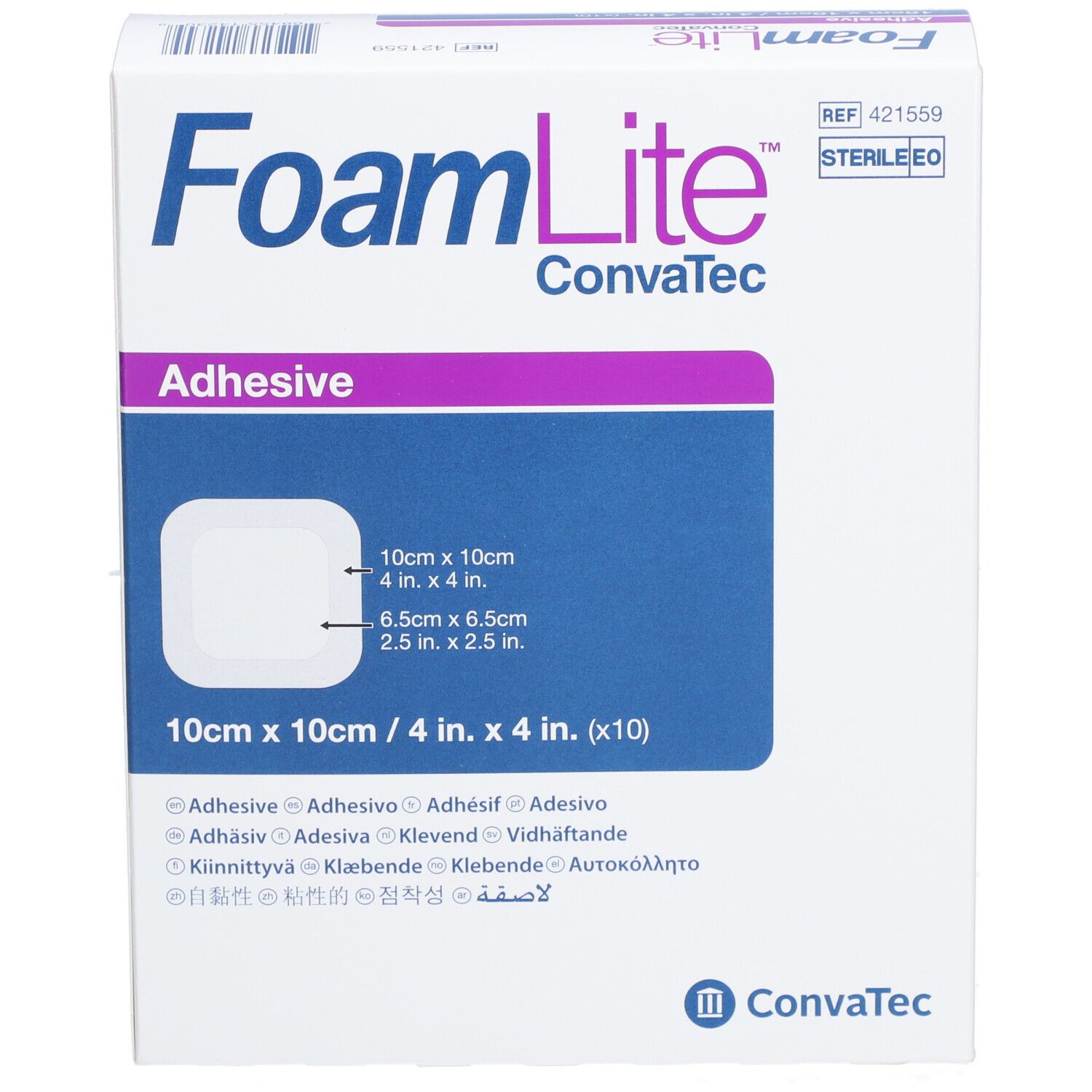 Boîte de FoamLite, ConvaTec. Pansements carrés, 10x10cm. Adhésif, stérile. Boîte blanche avec accents bleus et violets.