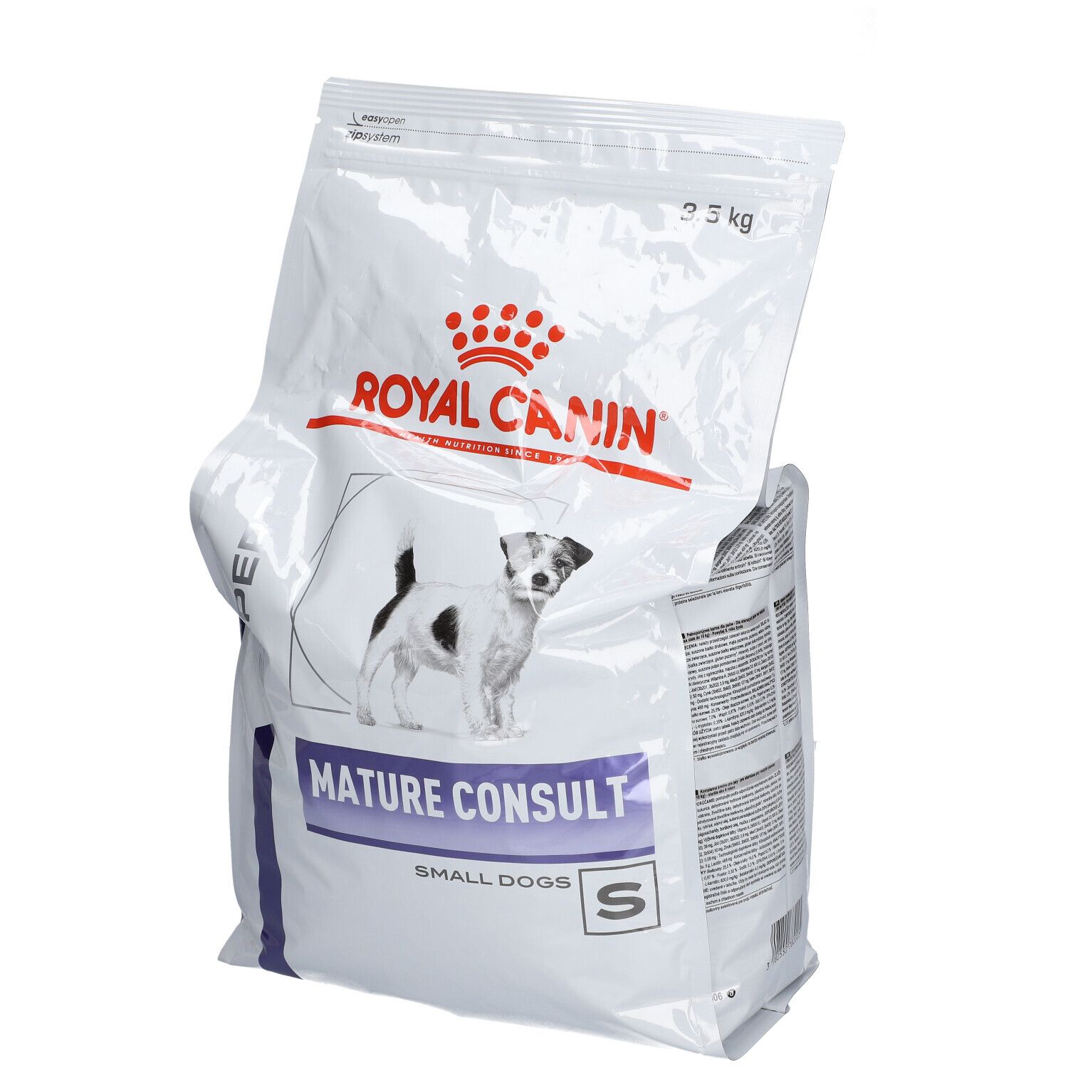 Sac blanc ROYAL CANIN avec chien. Inscription: Mature Consult Small Dogs. 3 kg.