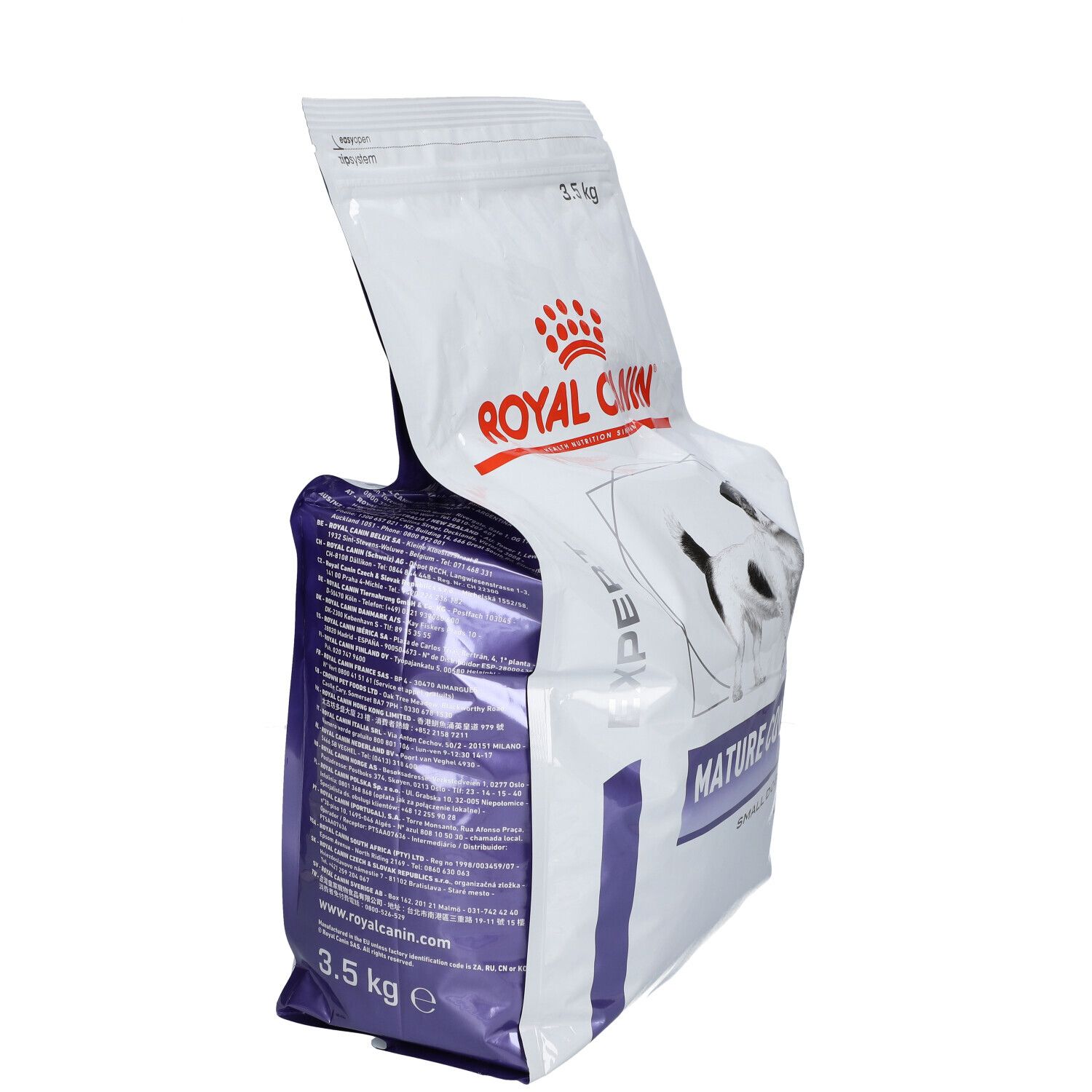 Sac ROYAL CANIN ouvert. Inscription: Mature Consult. 3,5 kg. Verso avec texte.