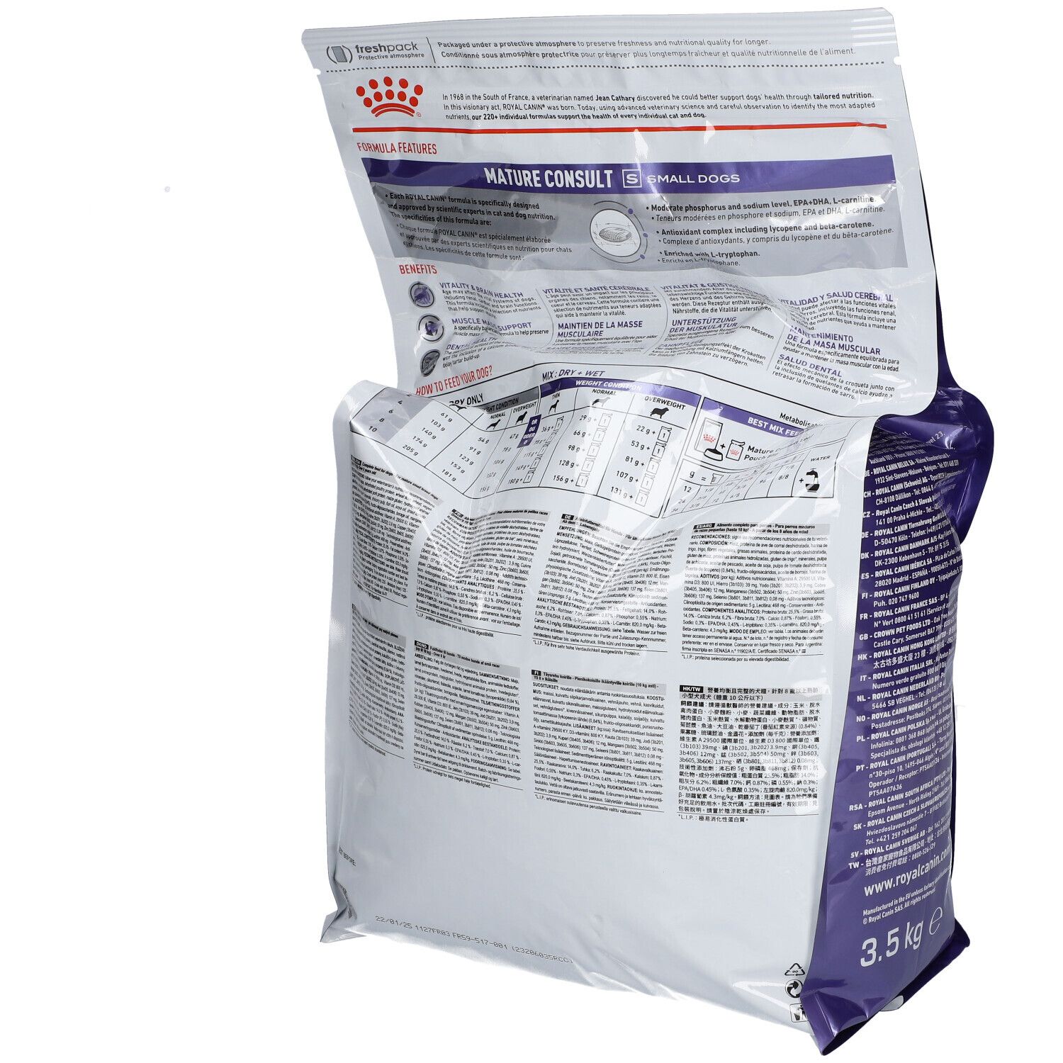 Dos d'un sac ROYAL CANIN ouvert. Texte et informations.
