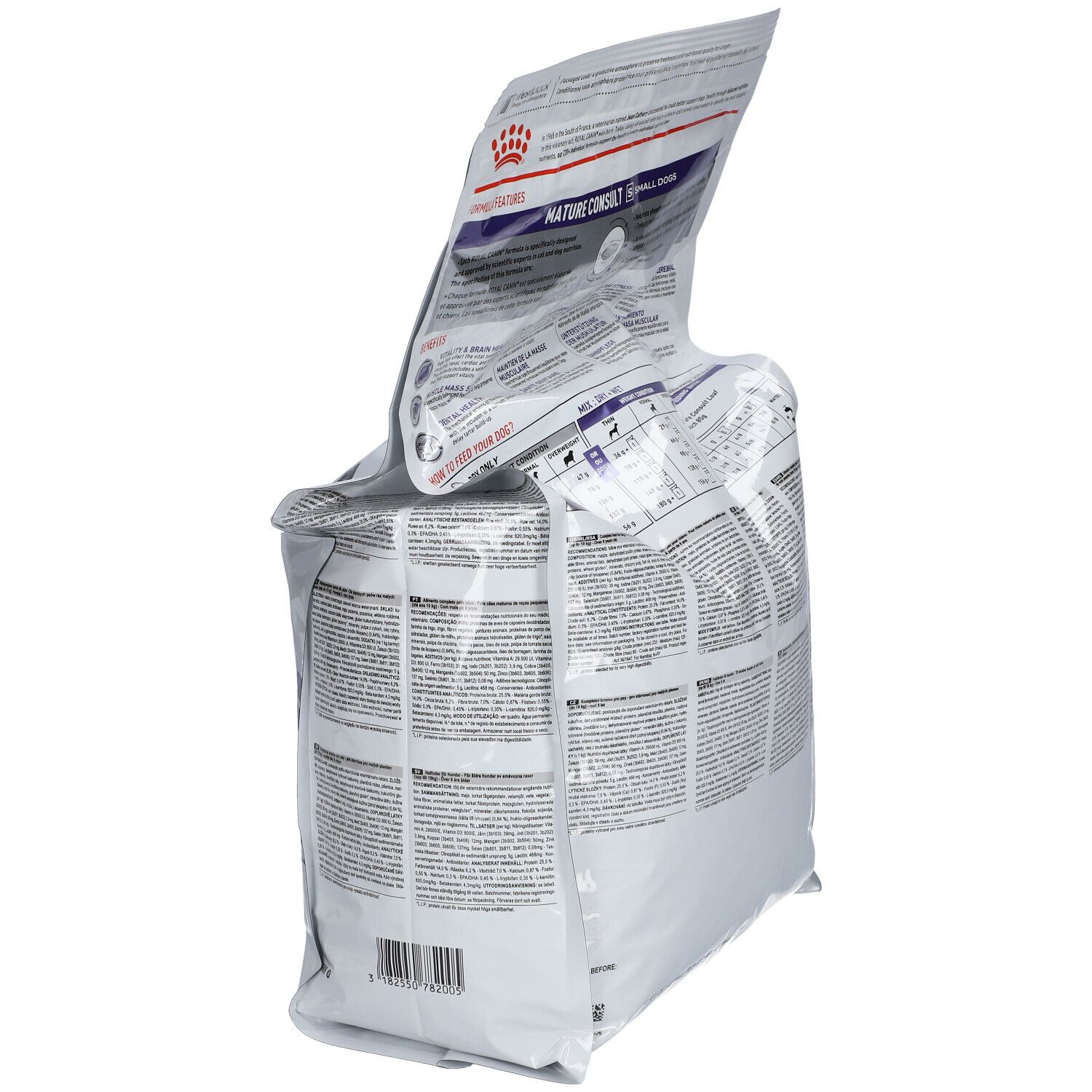 Sac ROYAL CANIN ouvert. Verso avec texte et informations.