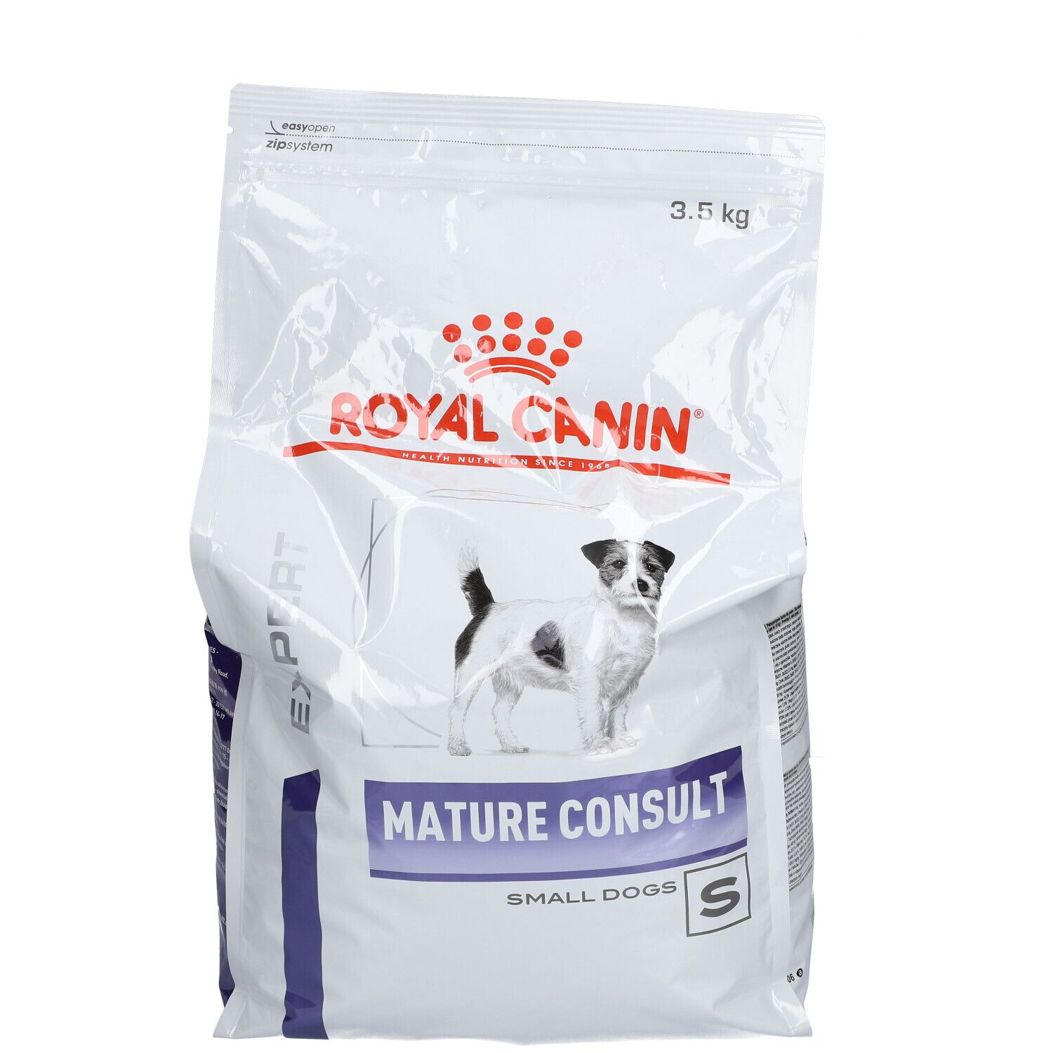 Sac blanc ROYAL CANIN avec chien. Inscription: Mature Consult Small Dogs. 3,5 kg.