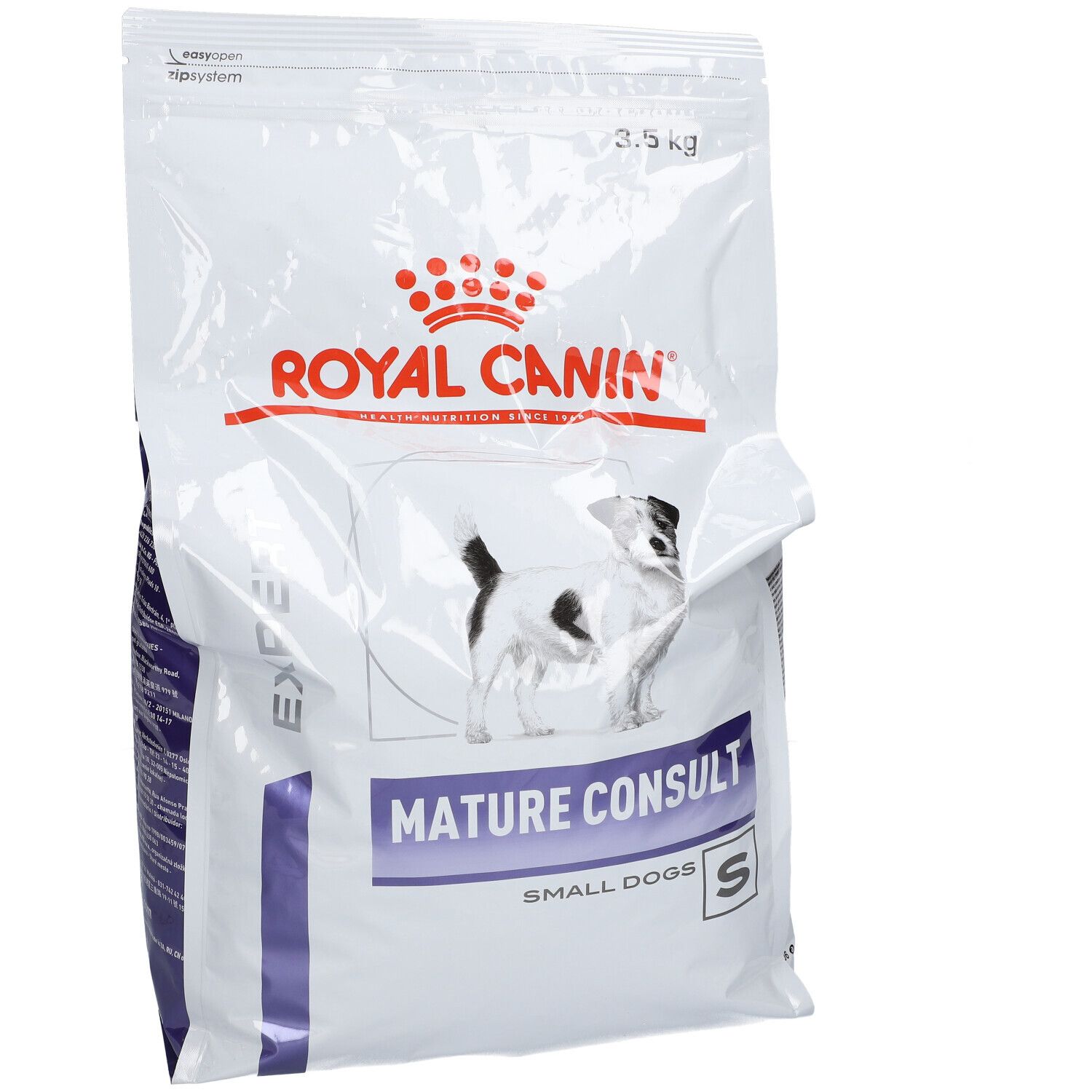 Sac blanc ROYAL CANIN avec chien. Inscription: Mature Consult Small Dogs. 3,5 kg.
