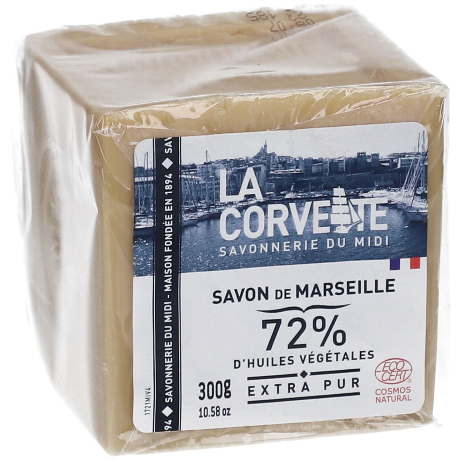 Quadratischer Seifenblock in Folie. Aufkleber mit Logo, Text: Savon de Marseille, 72% d'huiles végétales, 300g, Extra Pur. Französische Flagge.