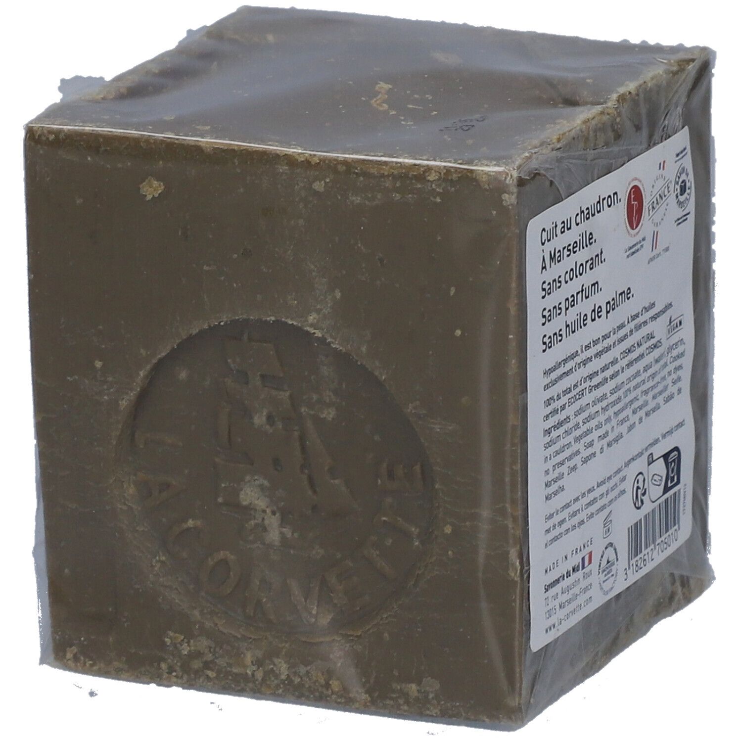 Verpackter Seifenwürfel. Rückseite mit Text: Cuite au chaudron, Marseille, Sans colorant, Sans parfum, Sans huile de palme. ECOCERT.