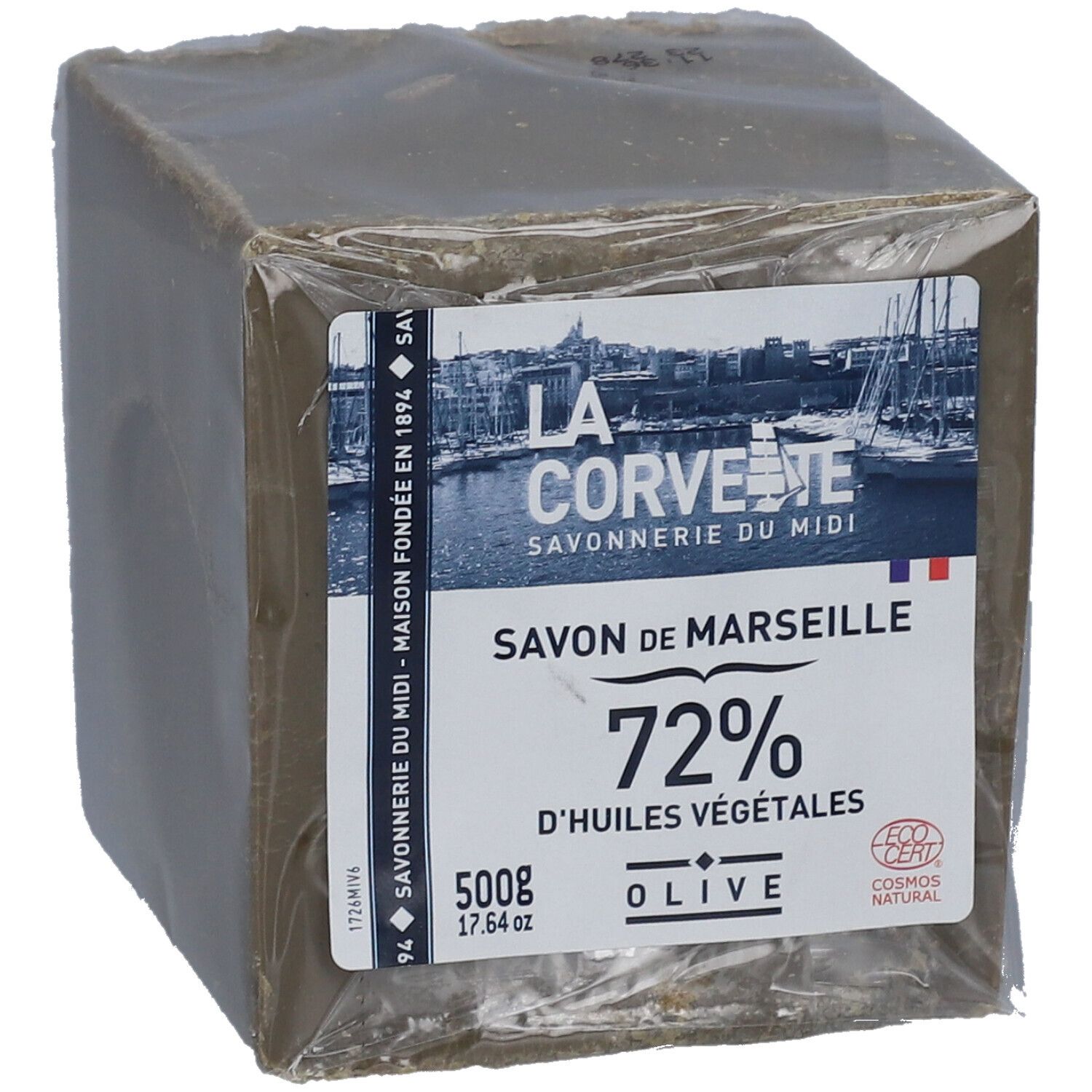 Quadratischer Seifenwürfel in Folie verpackt. Aufkleber mit Text: LA CORVETTE, Savon de Marseille, 72% d'huiles végétales, Olive.