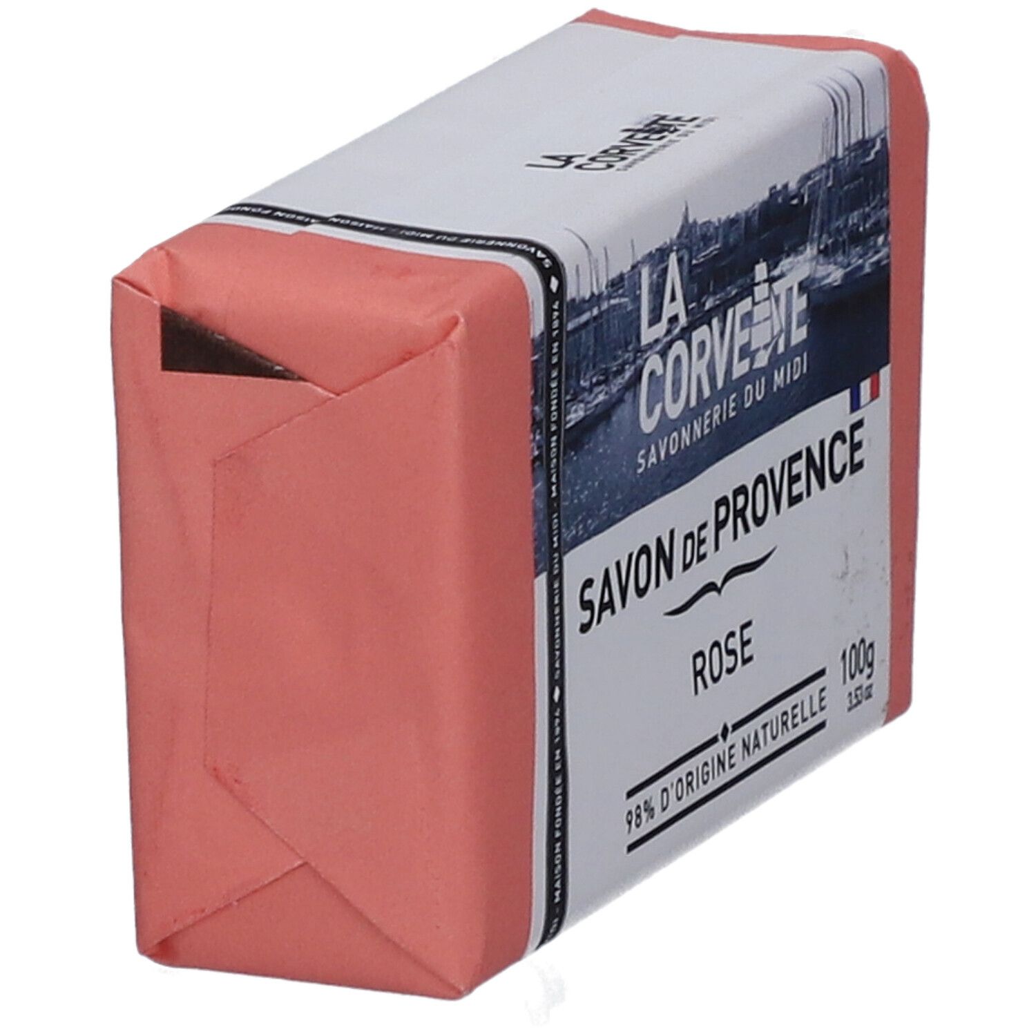 Savon rose emballé. Inscription: LA CORVETTE Savon de Provence Rose. 100g.