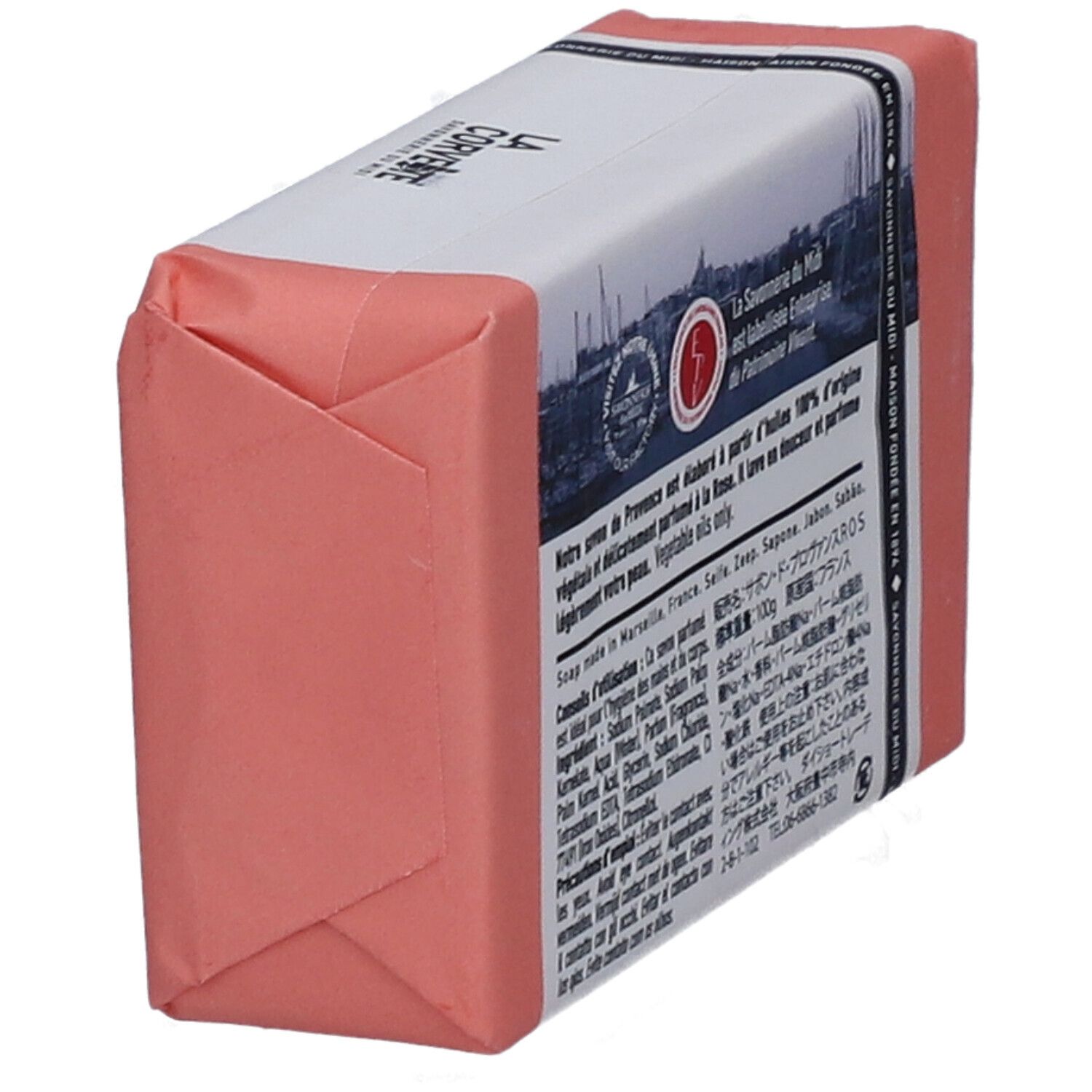 Savon rose emballé. Inscription: LA CORVETTE Savon de Provence Rose. Texte en français et japonais.