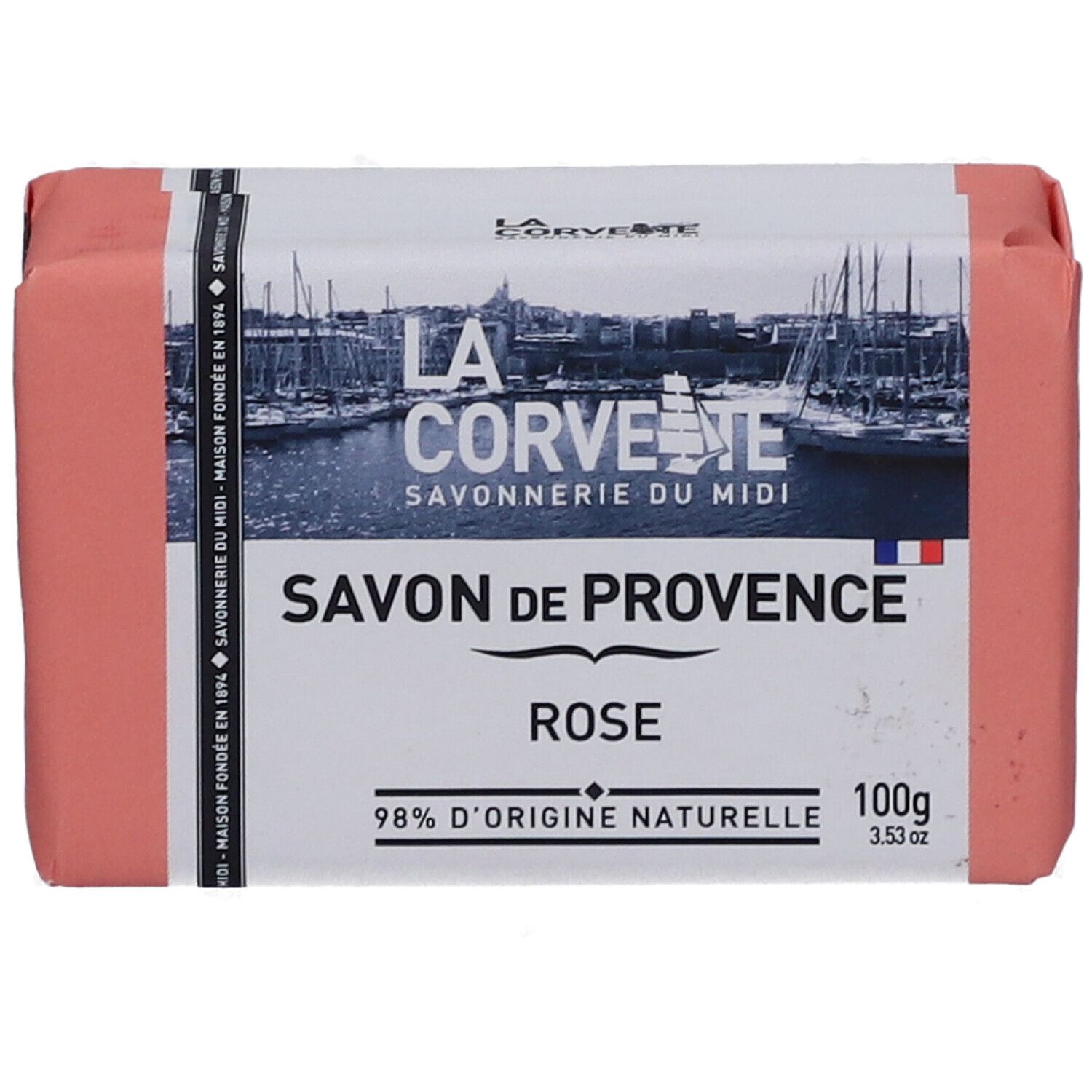 Savon rose emballé. Inscription: LA CORVETTE Savon de Provence Rose. 100g.