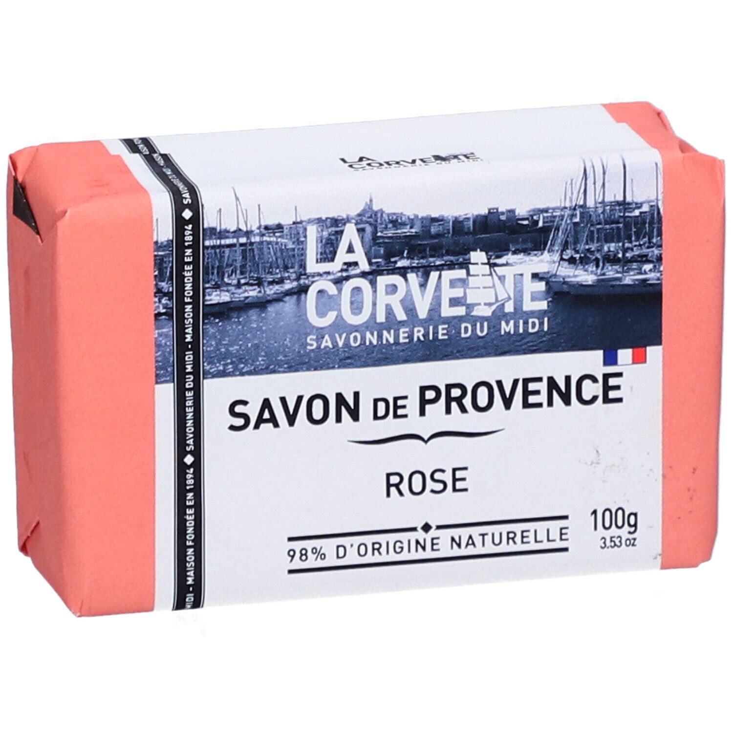 Savon rose emballé. Inscription: LA CORVETTE Savon de Provence Rose. 100g.