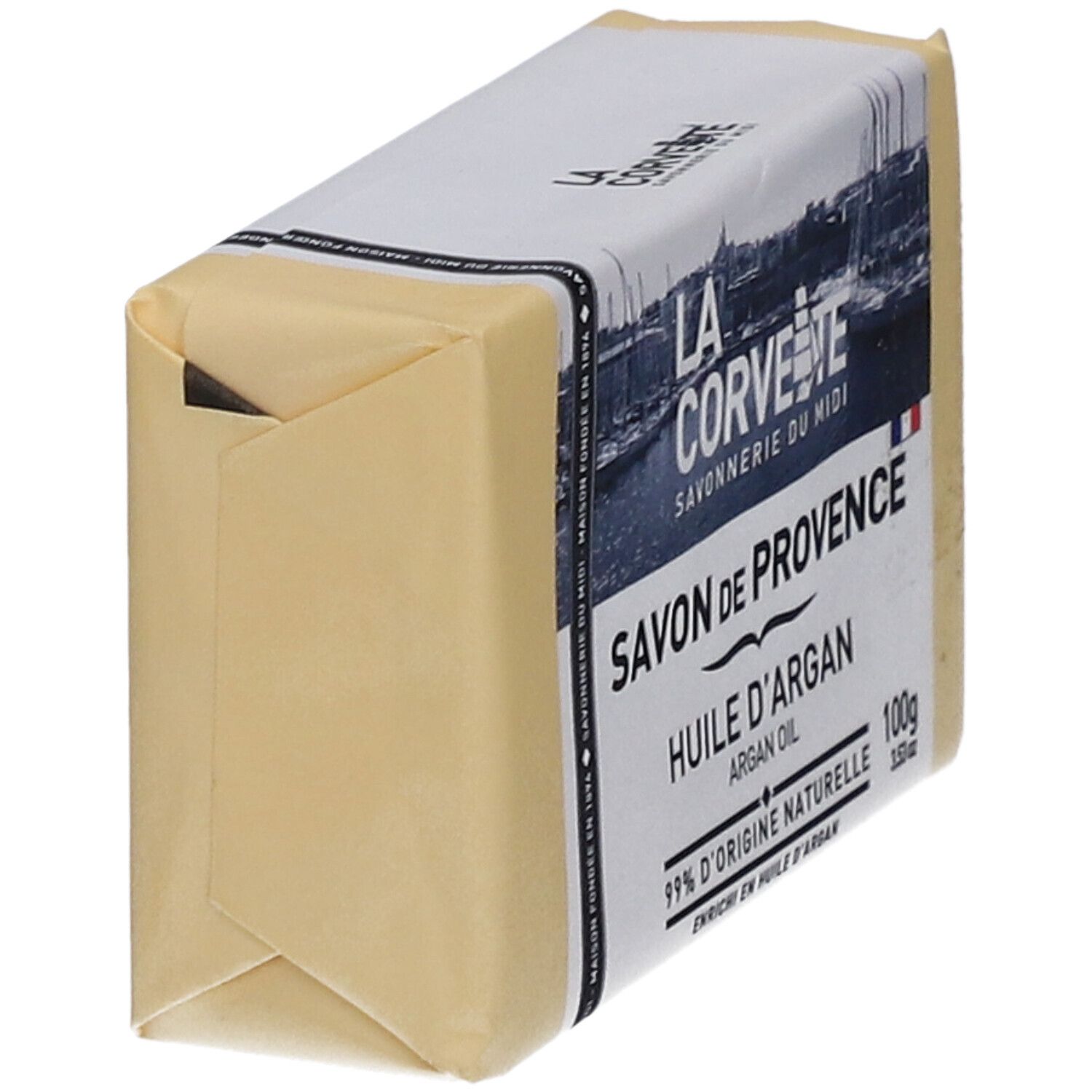 Savon emballé. Inscriptions: Savon de Provence, Huile d'Argan, 99% d'origine naturelle.