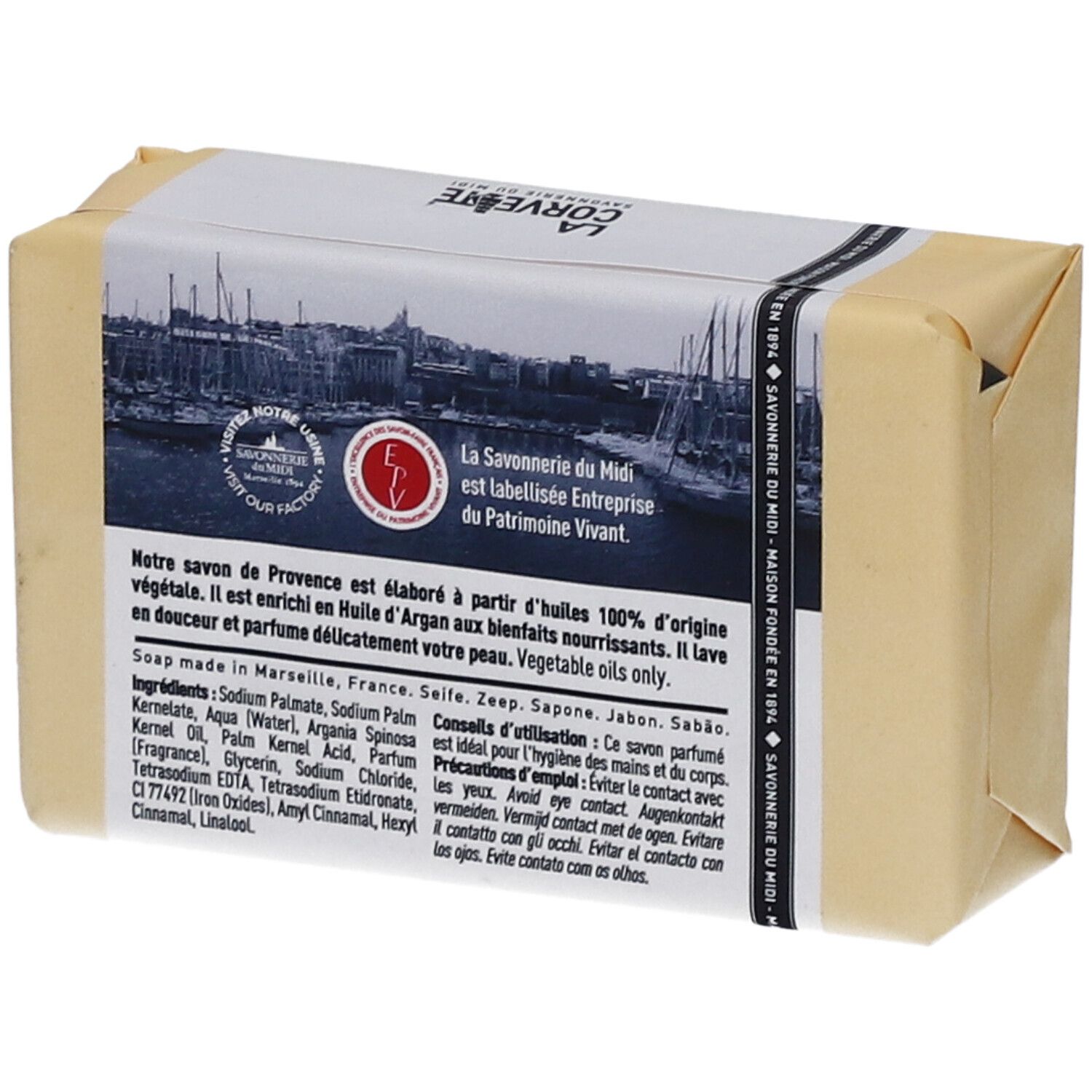 Savon emballé. Verso avec ingrédients et informations.