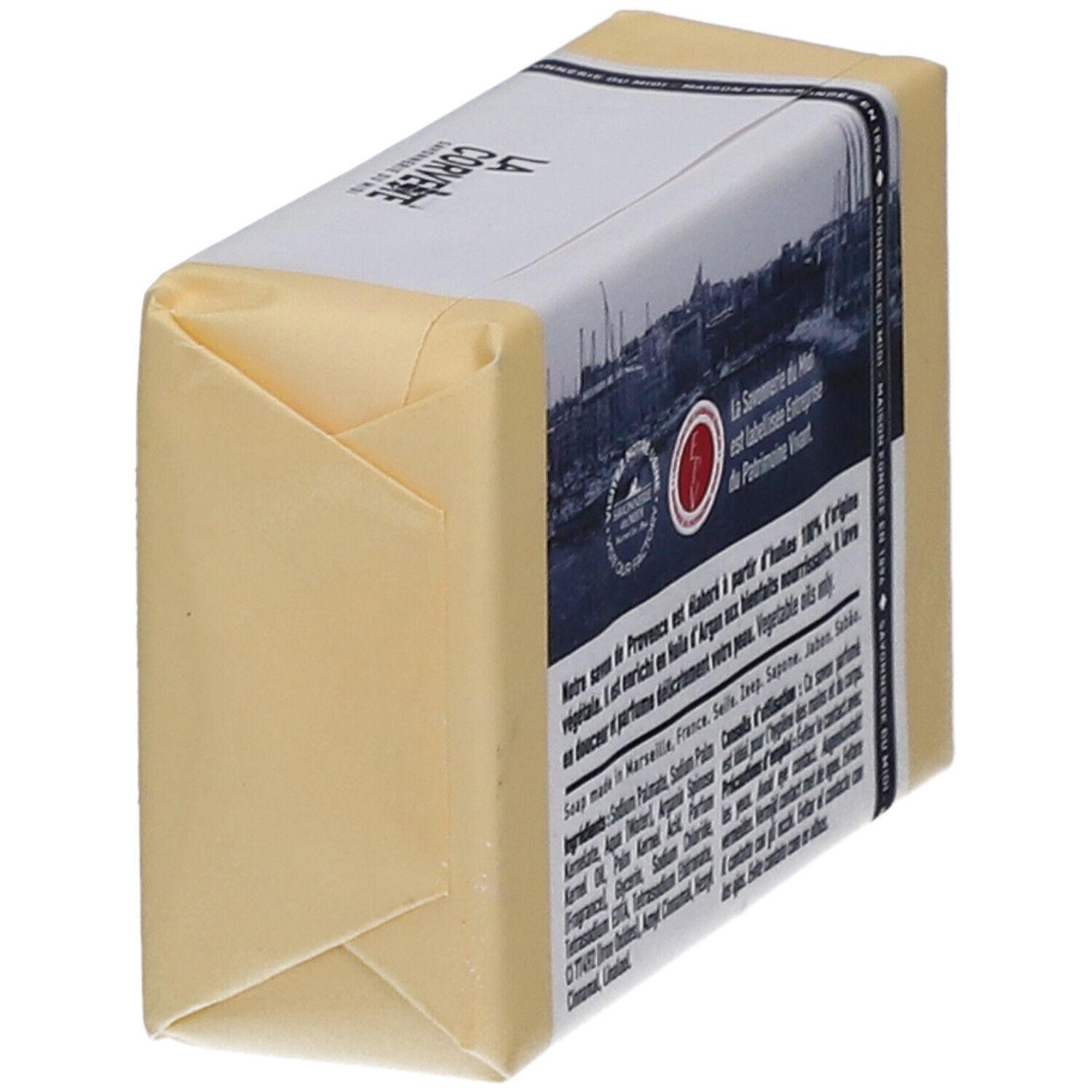 Savon emballé. Verso avec ingrédients et informations.