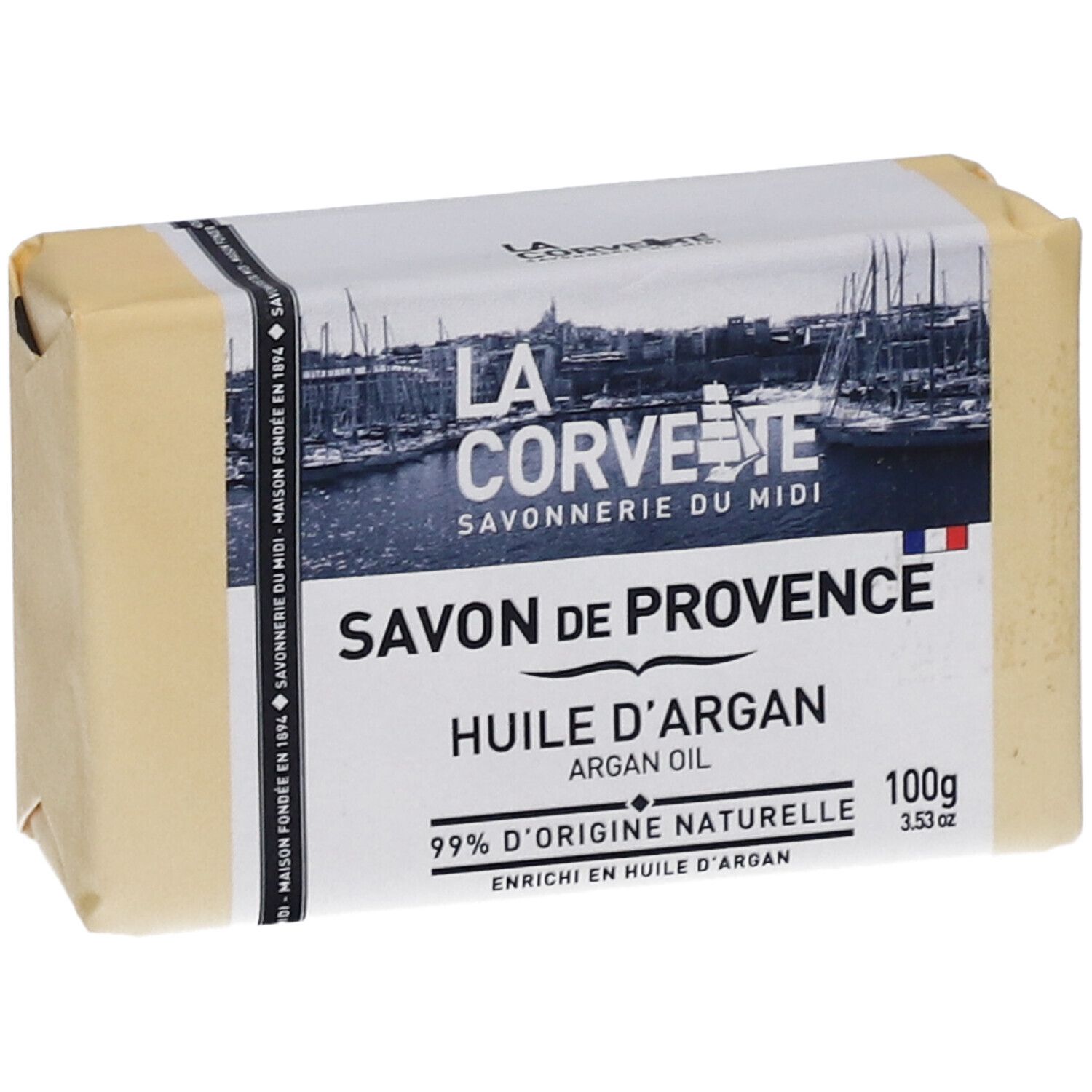Savon emballé. Inscriptions: Savon de Provence, Huile d'Argan, 99% d'origine naturelle.