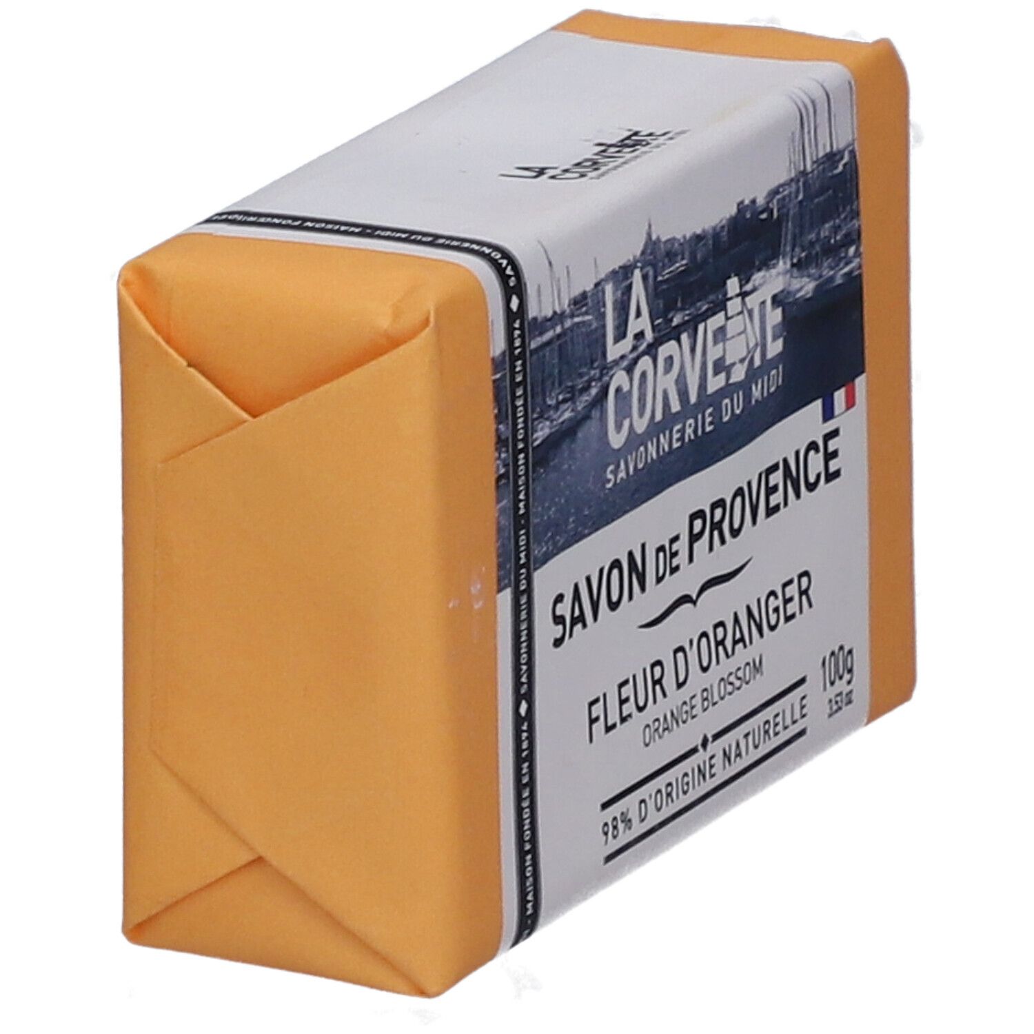 Seife in orangefarbener Verpackung. Aufschrift: LA CORVETTE, Savon de Provence, Fleur d'Oranger, 98% d'origine naturelle.