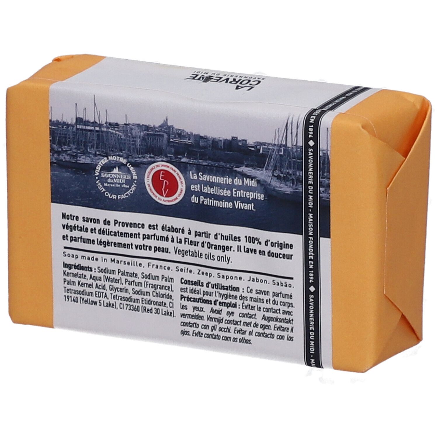 Seife in orangefarbener Verpackung. Aufschrift: LA CORVETTE, Savon de Provence, Fleur d'Oranger. Text und Logo auf der Verpackung.