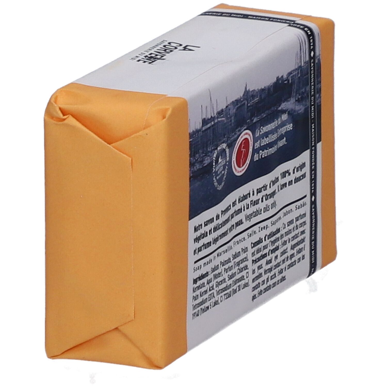 Seife in orangefarbener Verpackung. Aufschrift: LA CORVETTE, Savon de Provence, Fleur d'Oranger. Text und Logo auf der Verpackung.